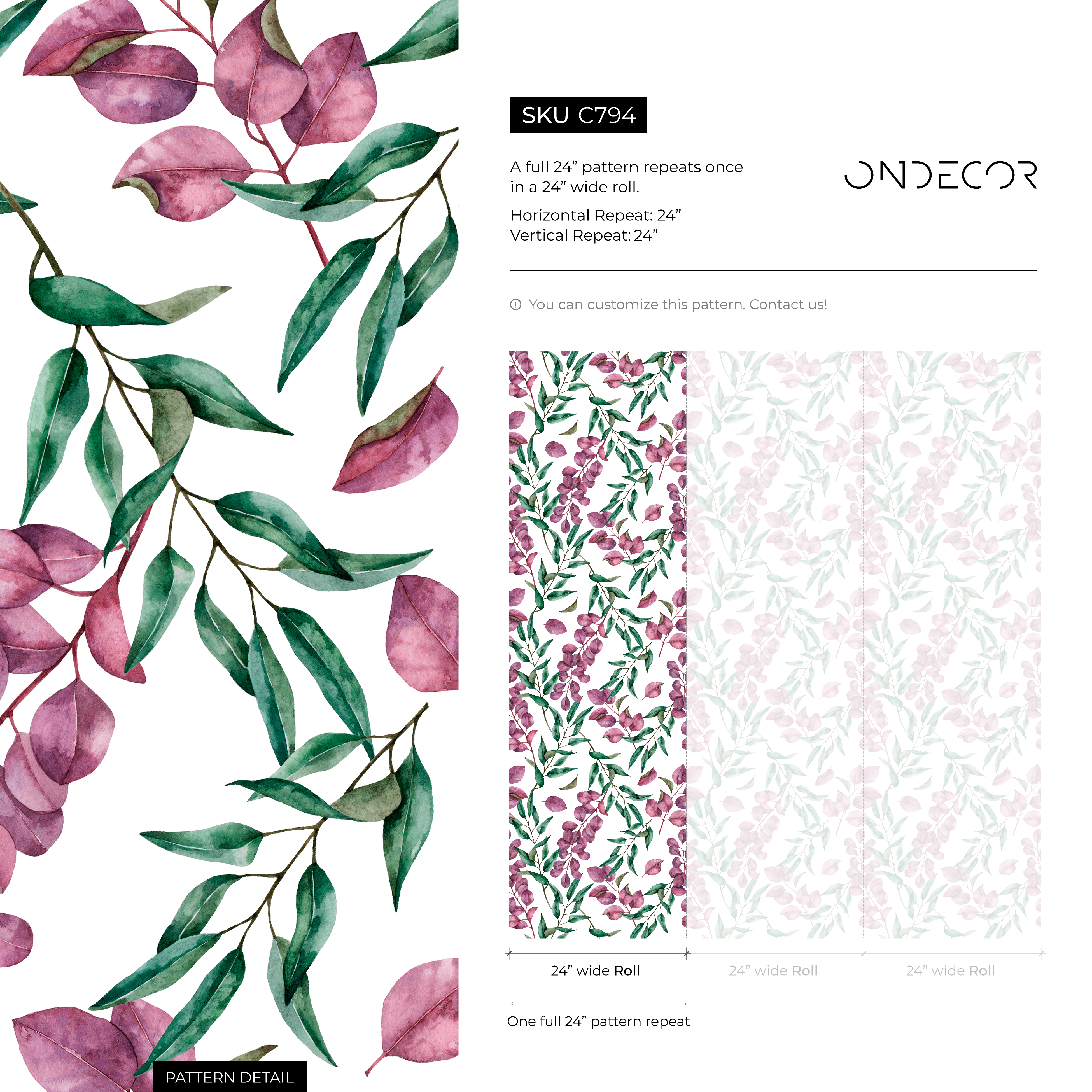 Botanical Wallpaper Featuring Watercolor Eucalyptus In Purple And Green - C794