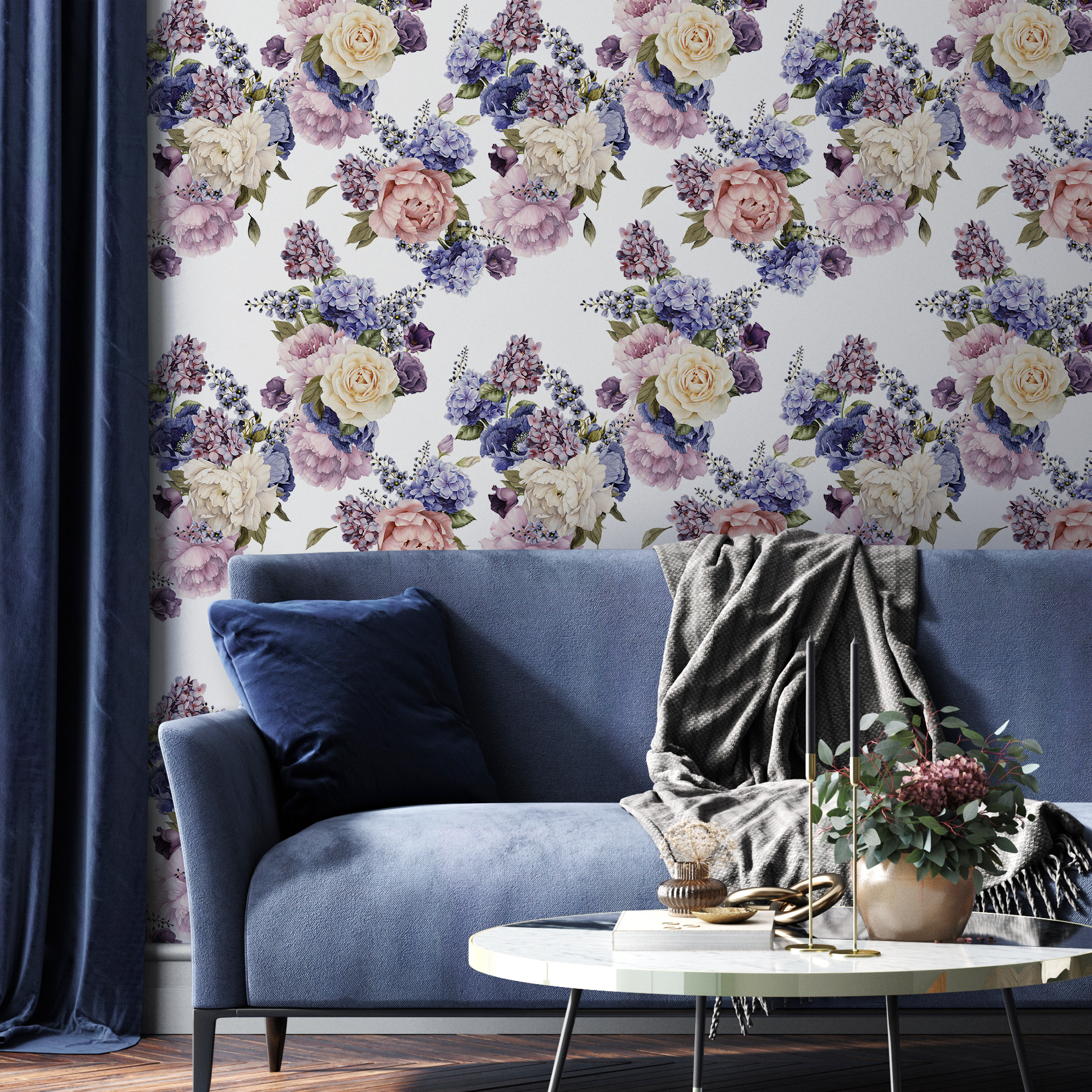 Floral Wallpaper With Watercolor Roses And Hydrangeas In Purple, Blue, And Pink - C795