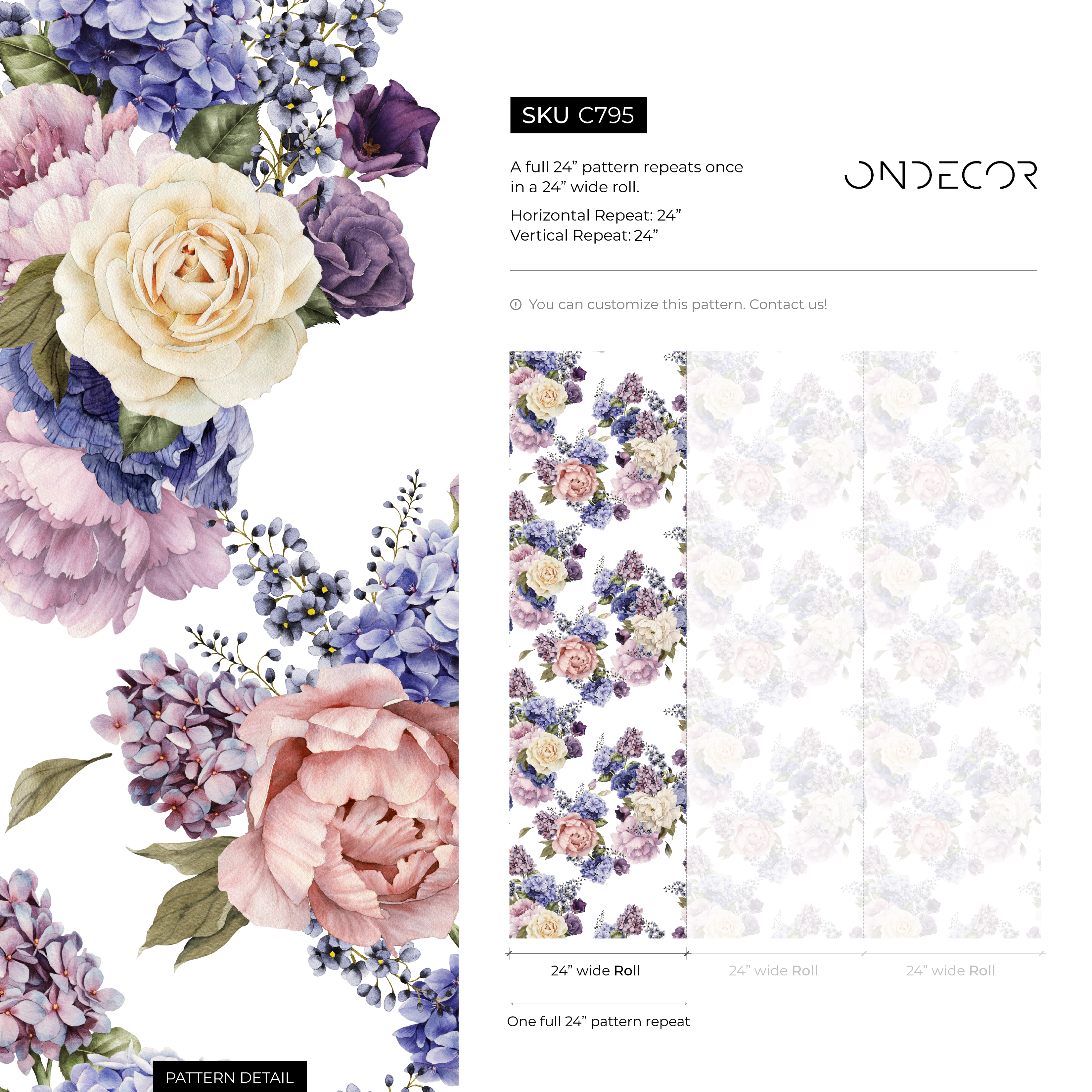 Floral Wallpaper With Watercolor Roses And Hydrangeas In Purple, Blue, And Pink - C795