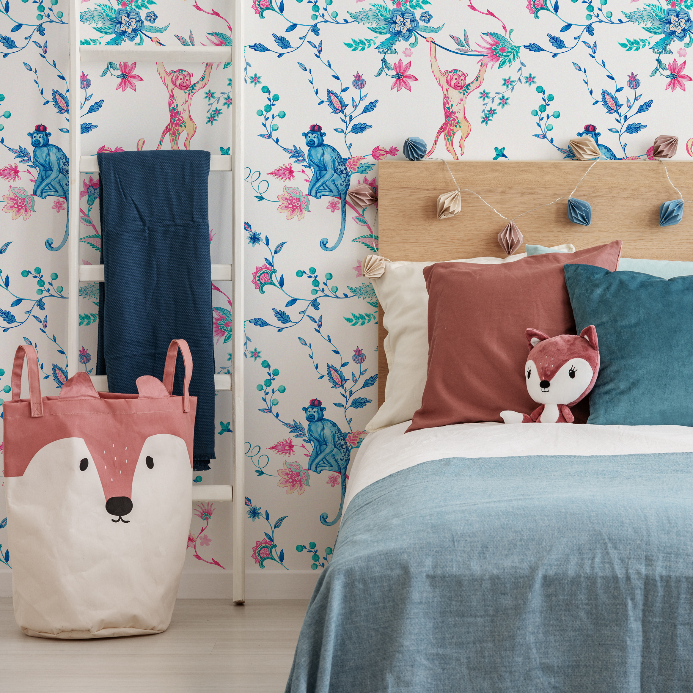 Animal Wallpaper With Monkeys And Floral Vines In Blue, Pink, And Teal - C796