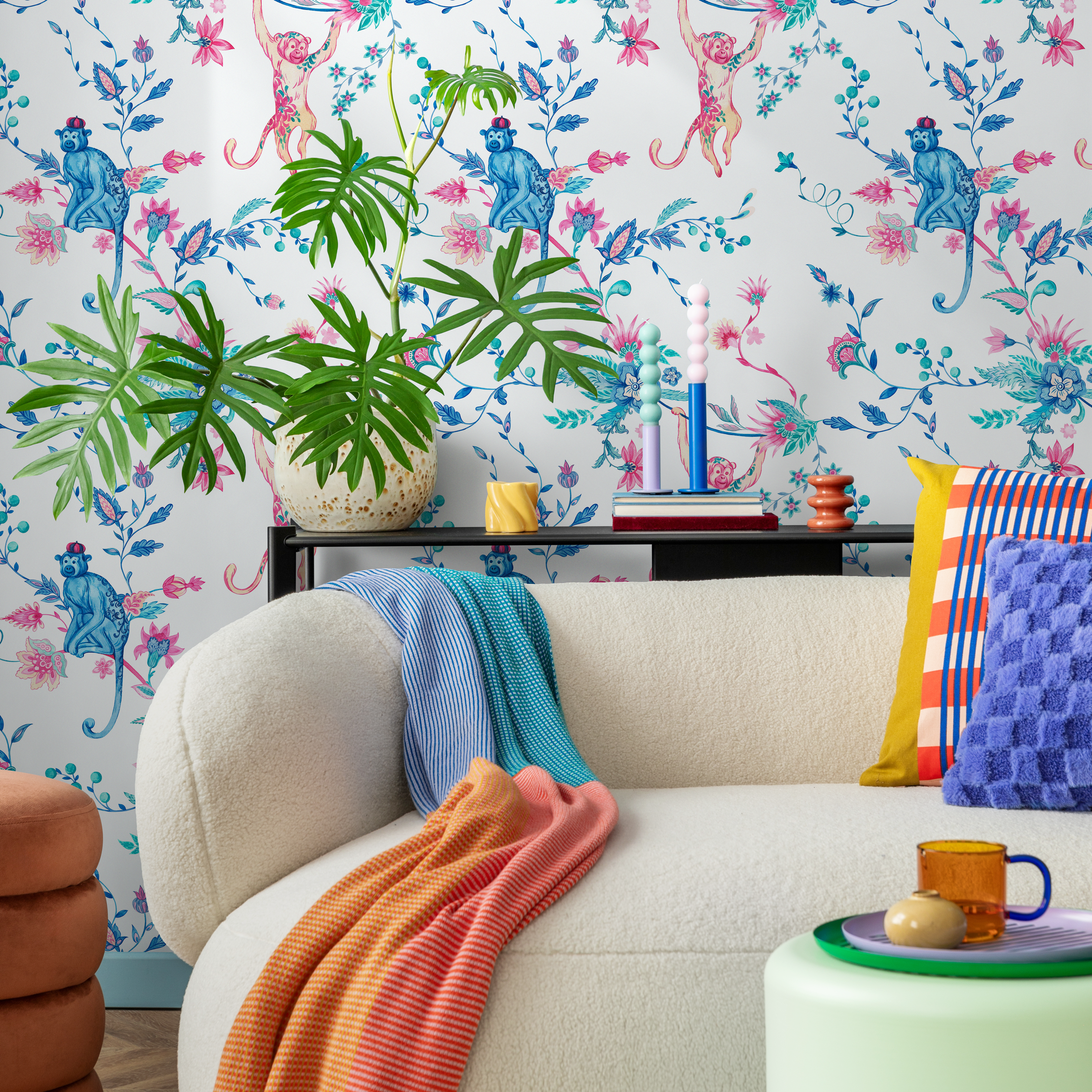 Animal Wallpaper With Monkeys And Floral Vines In Blue, Pink, And Teal - C796