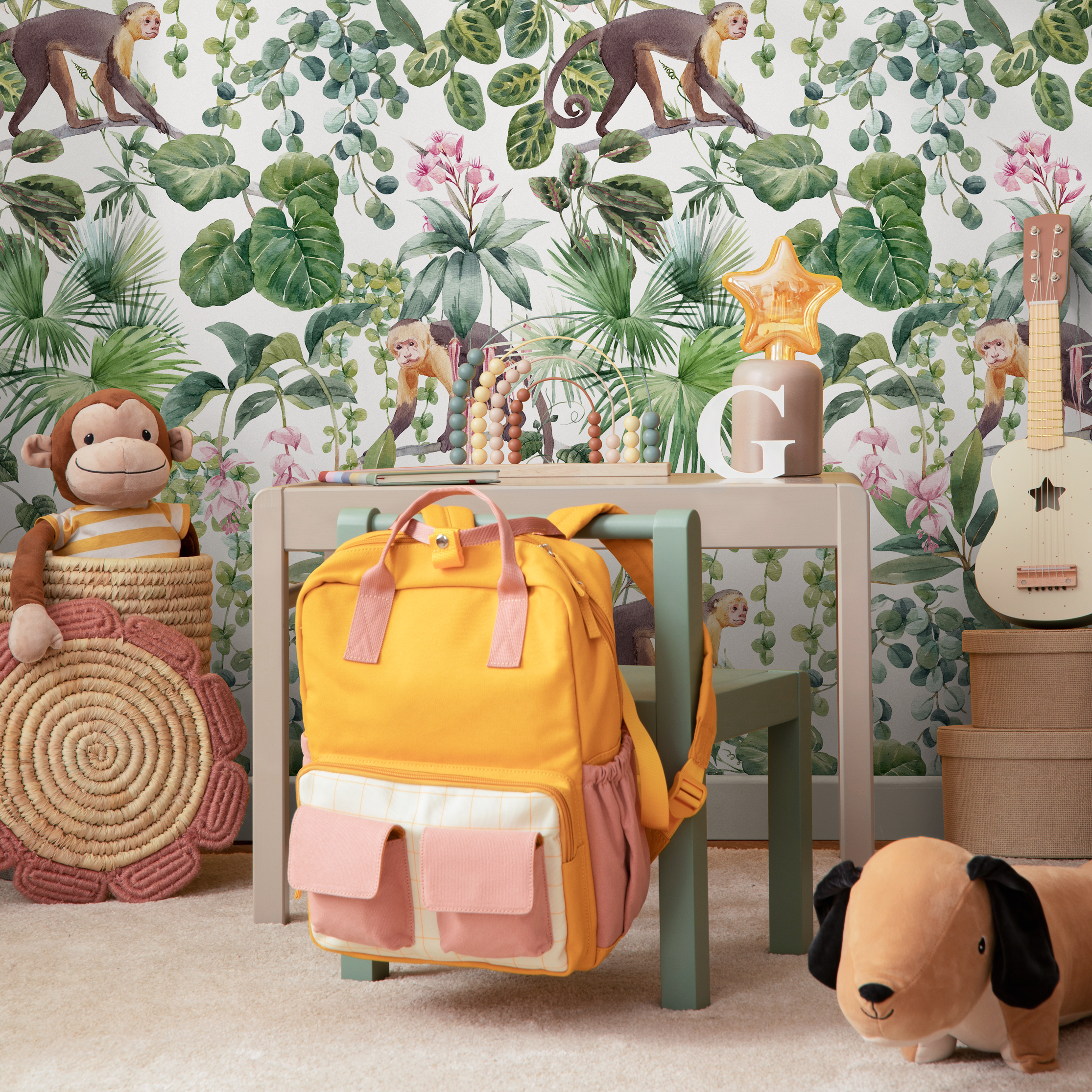 Botanical Wallpaper With A Monkey And Jungle Motif In Green, Brown, And Pink - C797