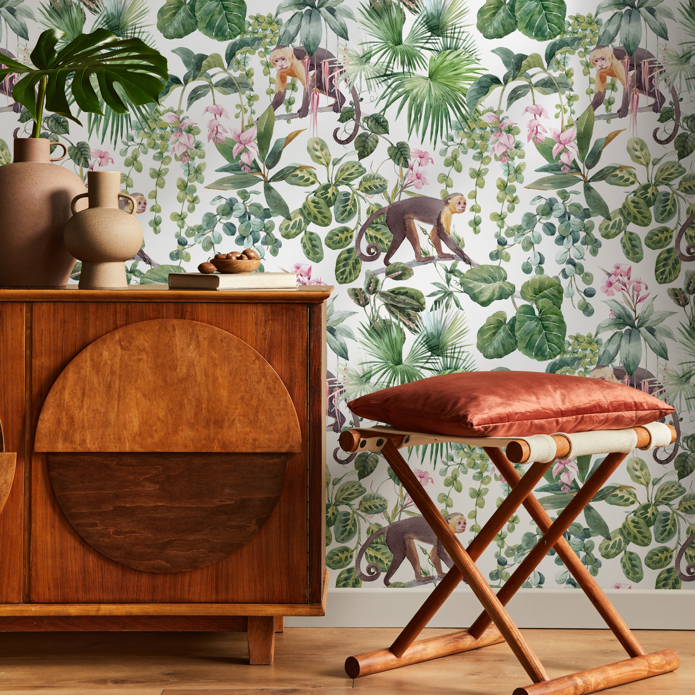 Botanical Wallpaper With A Monkey And Jungle Motif In Green, Brown, And Pink - C797