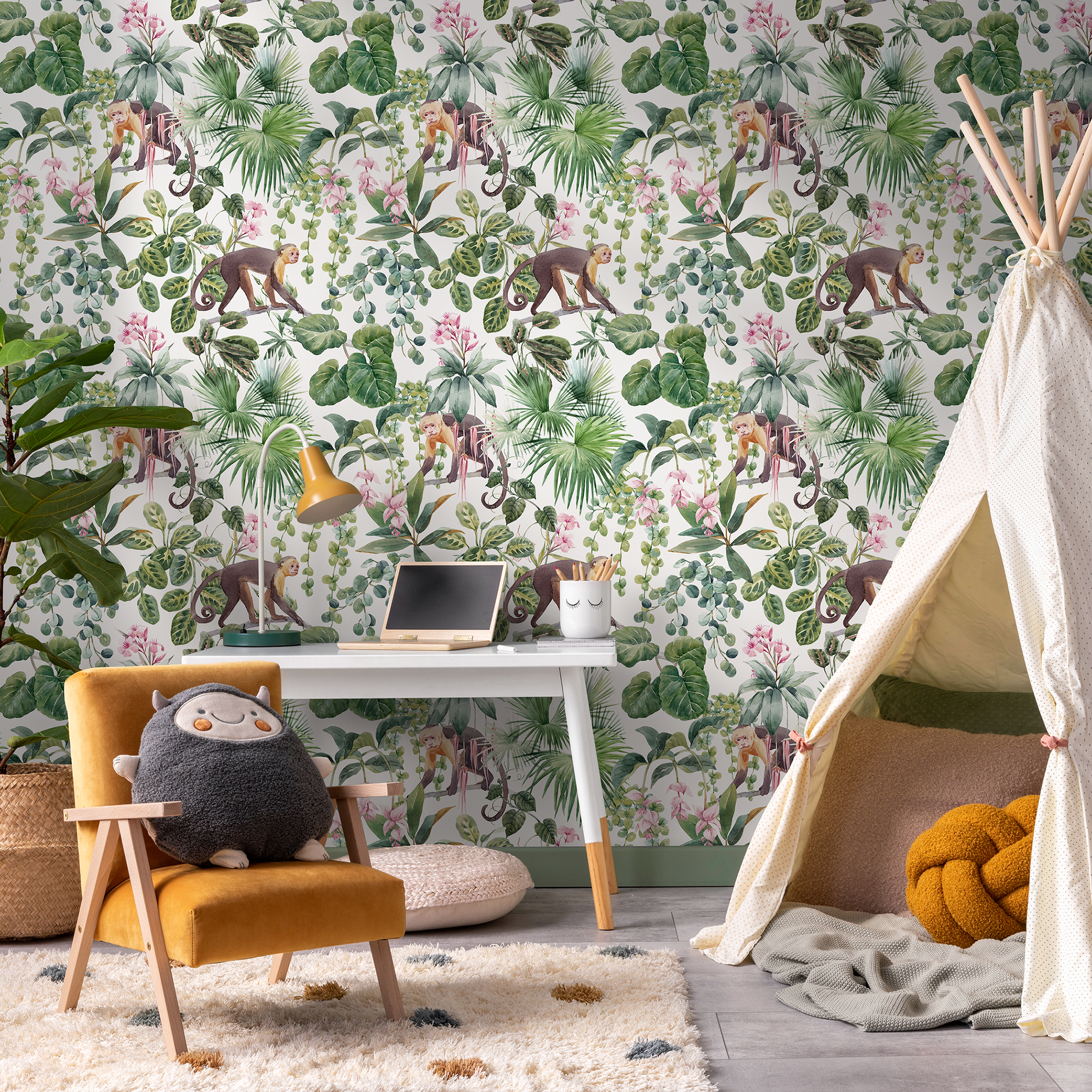 Botanical Wallpaper With A Monkey And Jungle Motif In Green, Brown, And Pink - C797