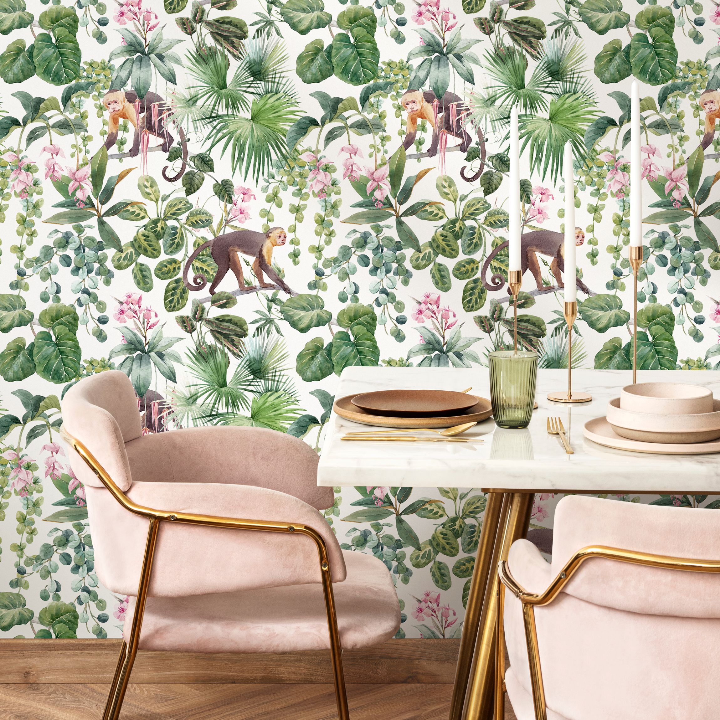 Botanical Wallpaper With A Monkey And Jungle Motif In Green, Brown, And Pink - C797