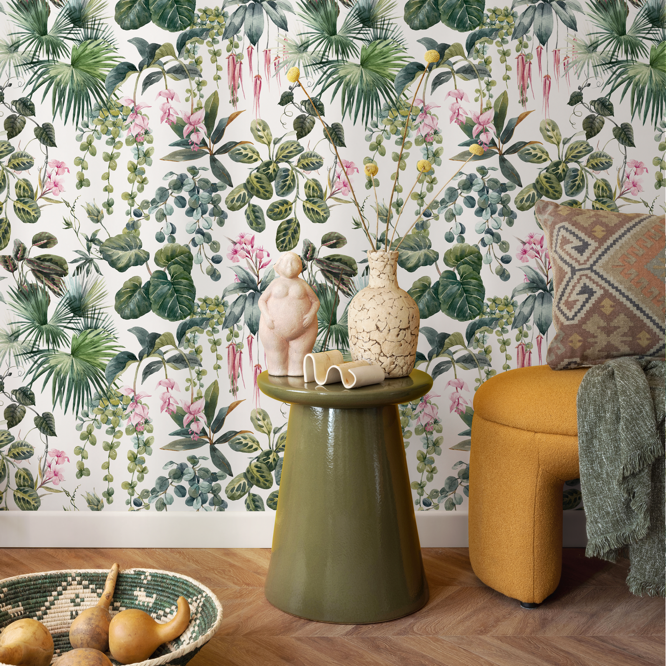 Botanical Wallpaper With Lush Jungle Foliage In Green And Pink - C798