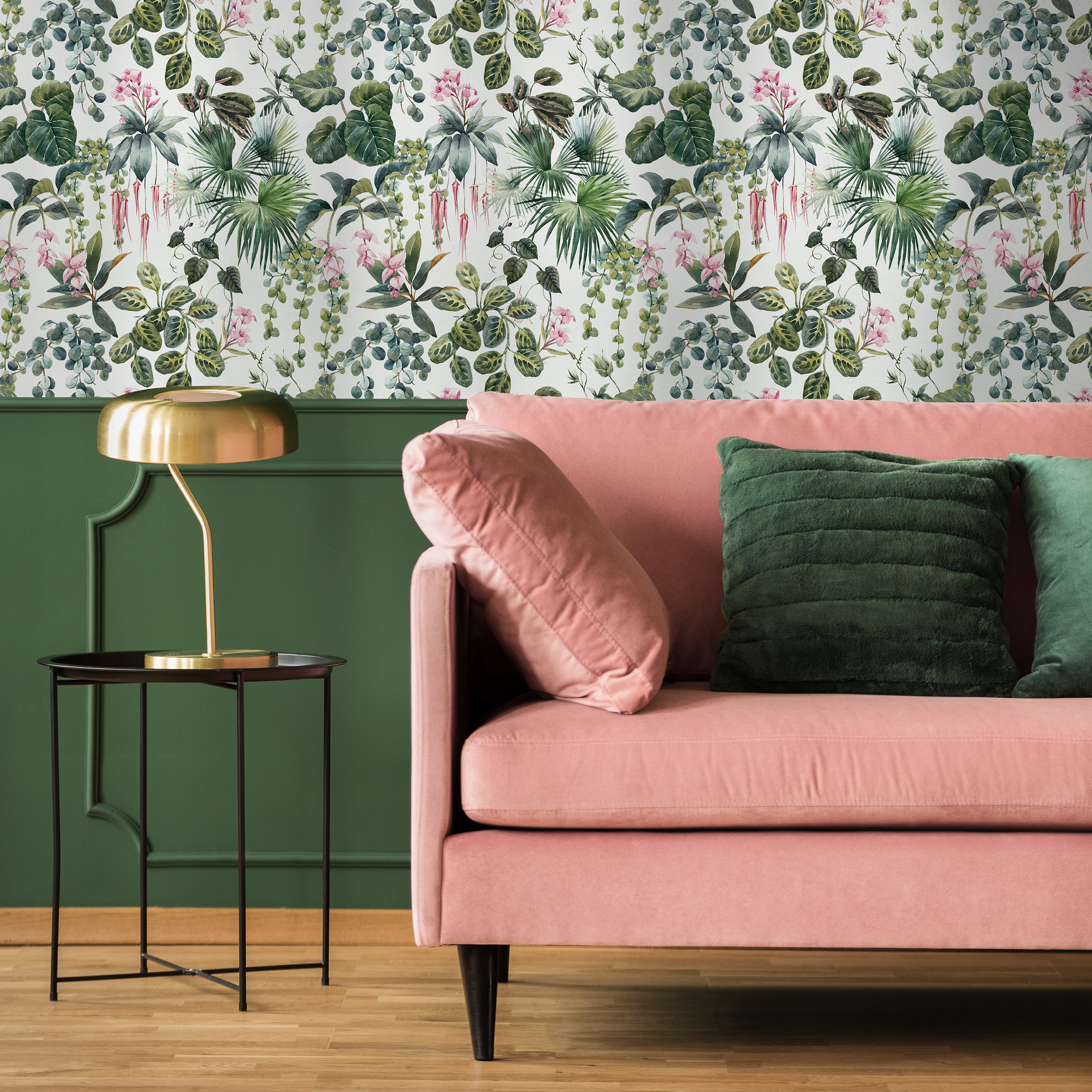 Botanical Wallpaper With Lush Jungle Foliage In Green And Pink - C798
