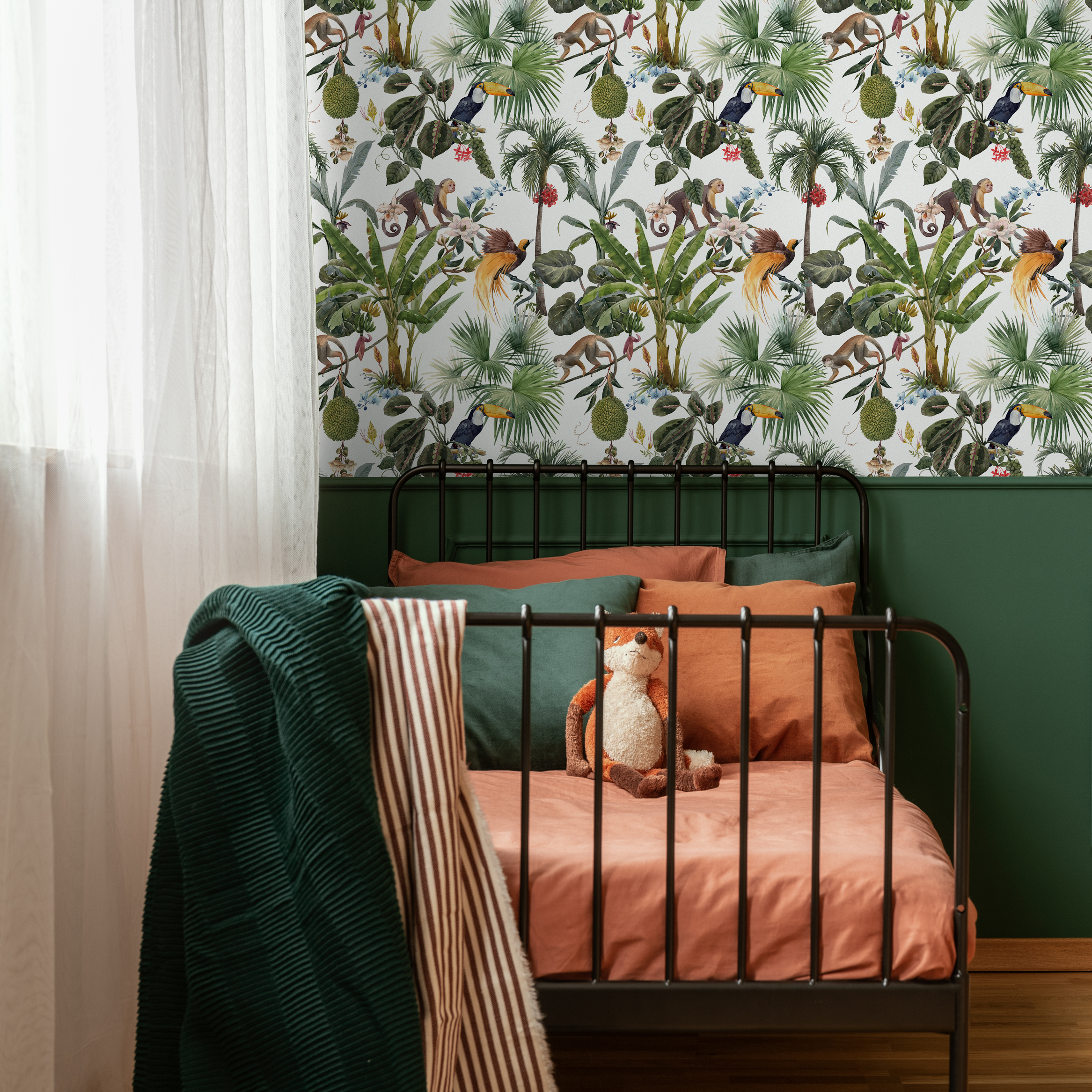 Jungle Wallpaper With Monkeys And Tropical Birds In Green And Brown - C799