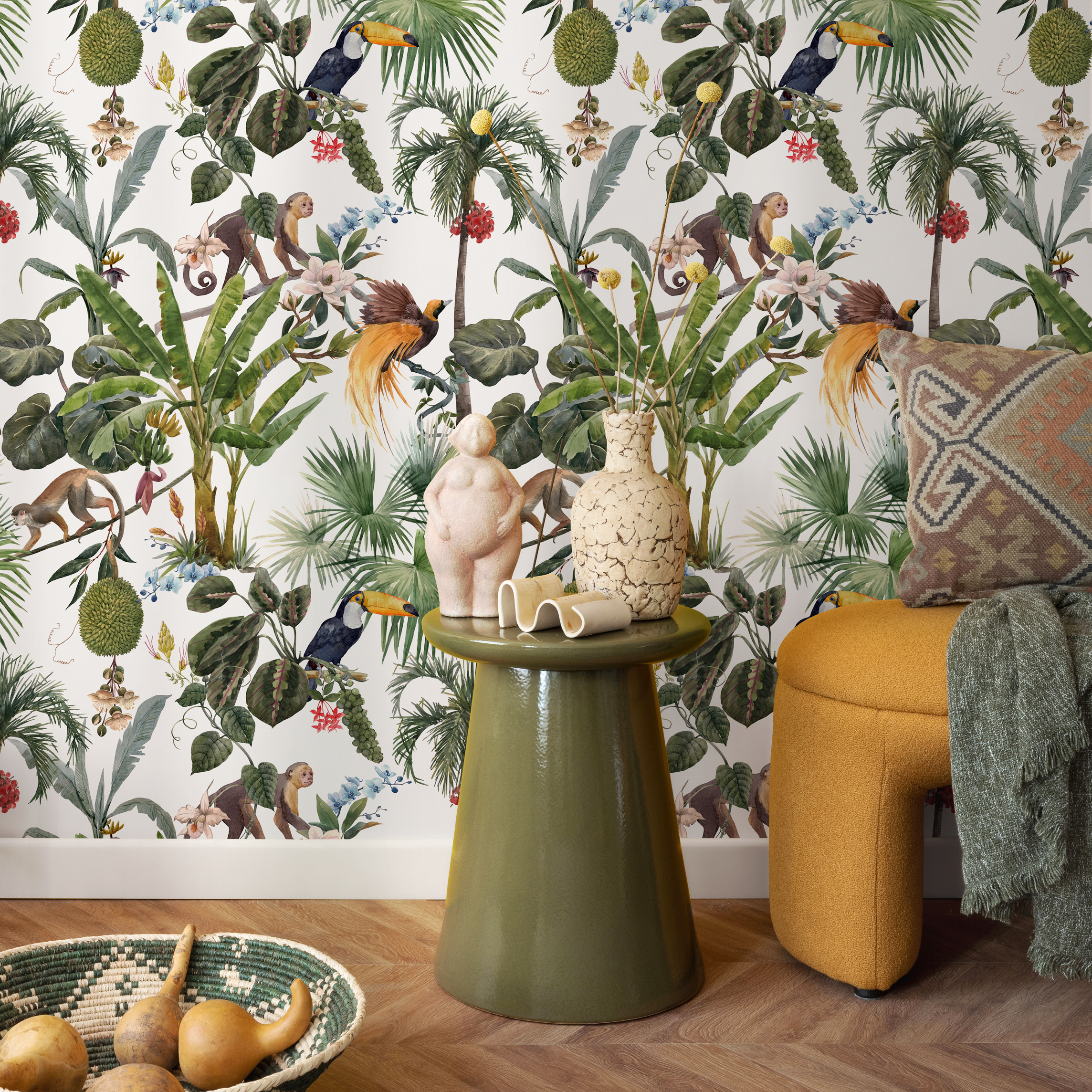Jungle Wallpaper With Monkeys And Tropical Birds In Green And Brown - C799