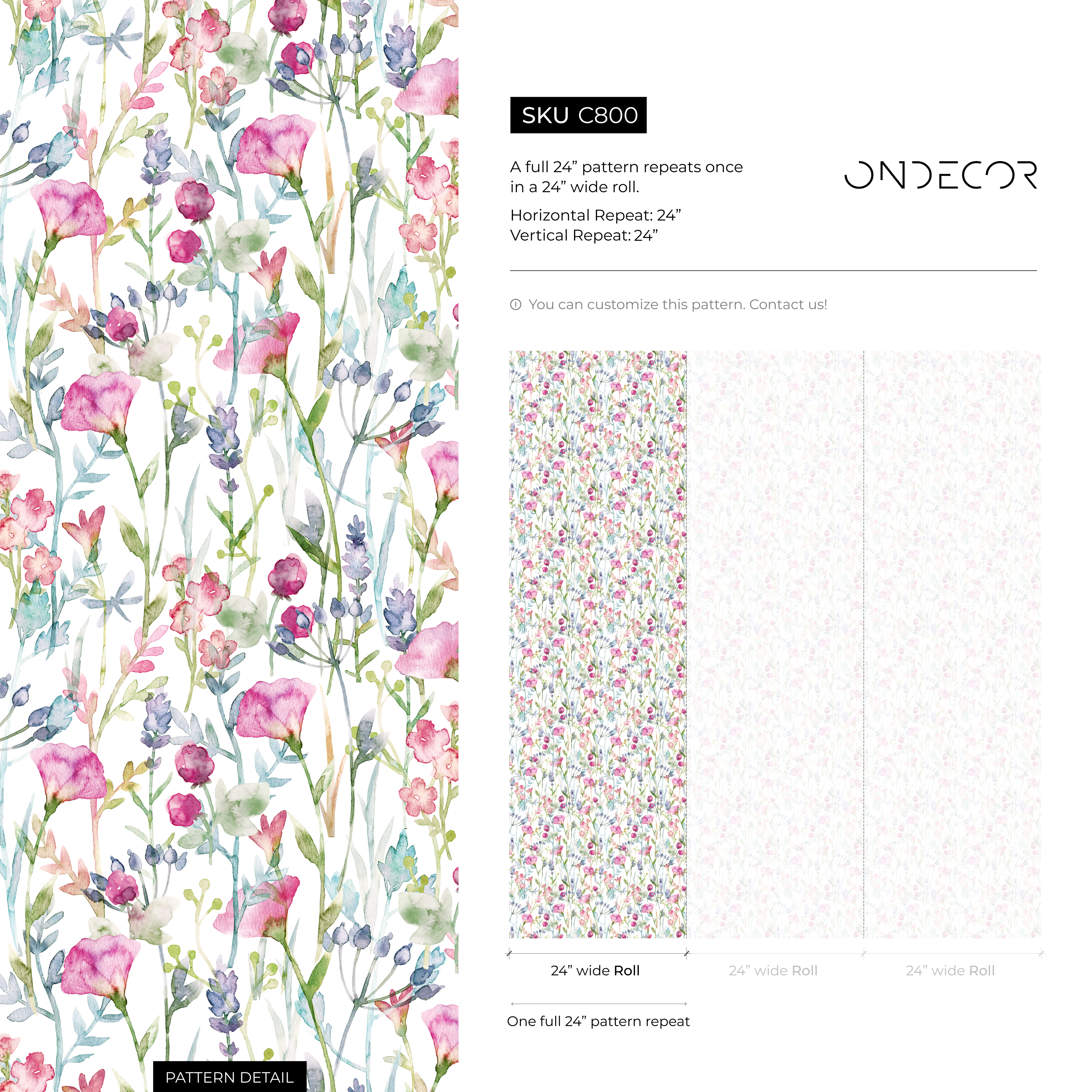 Wildflower Wallpaper With A Watercolor Meadow Motif In Pink, Purple, And Green - C800