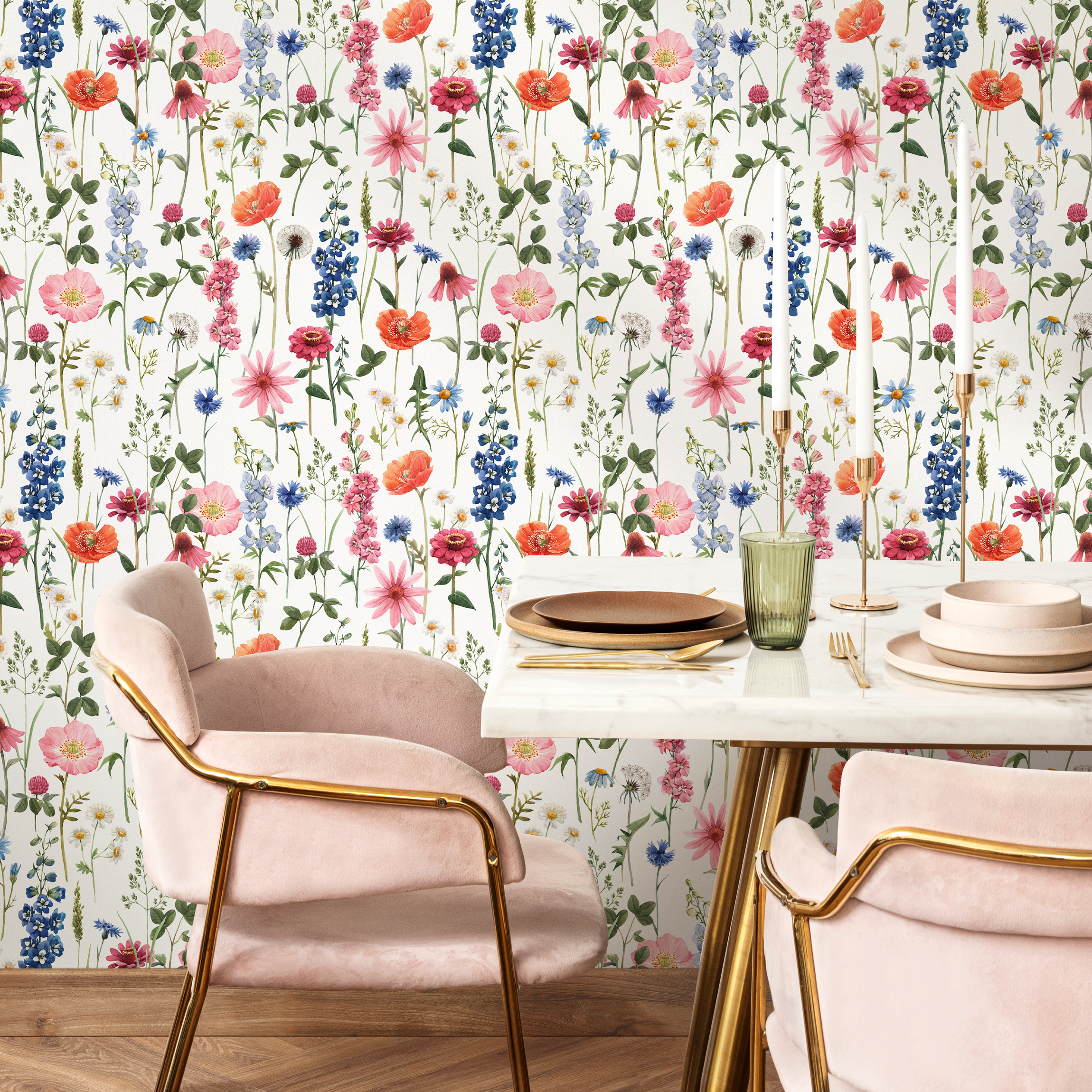 Botanical Wallpaper With A Colorful Wildflower Meadow In Pink, Blue, And Red - C802