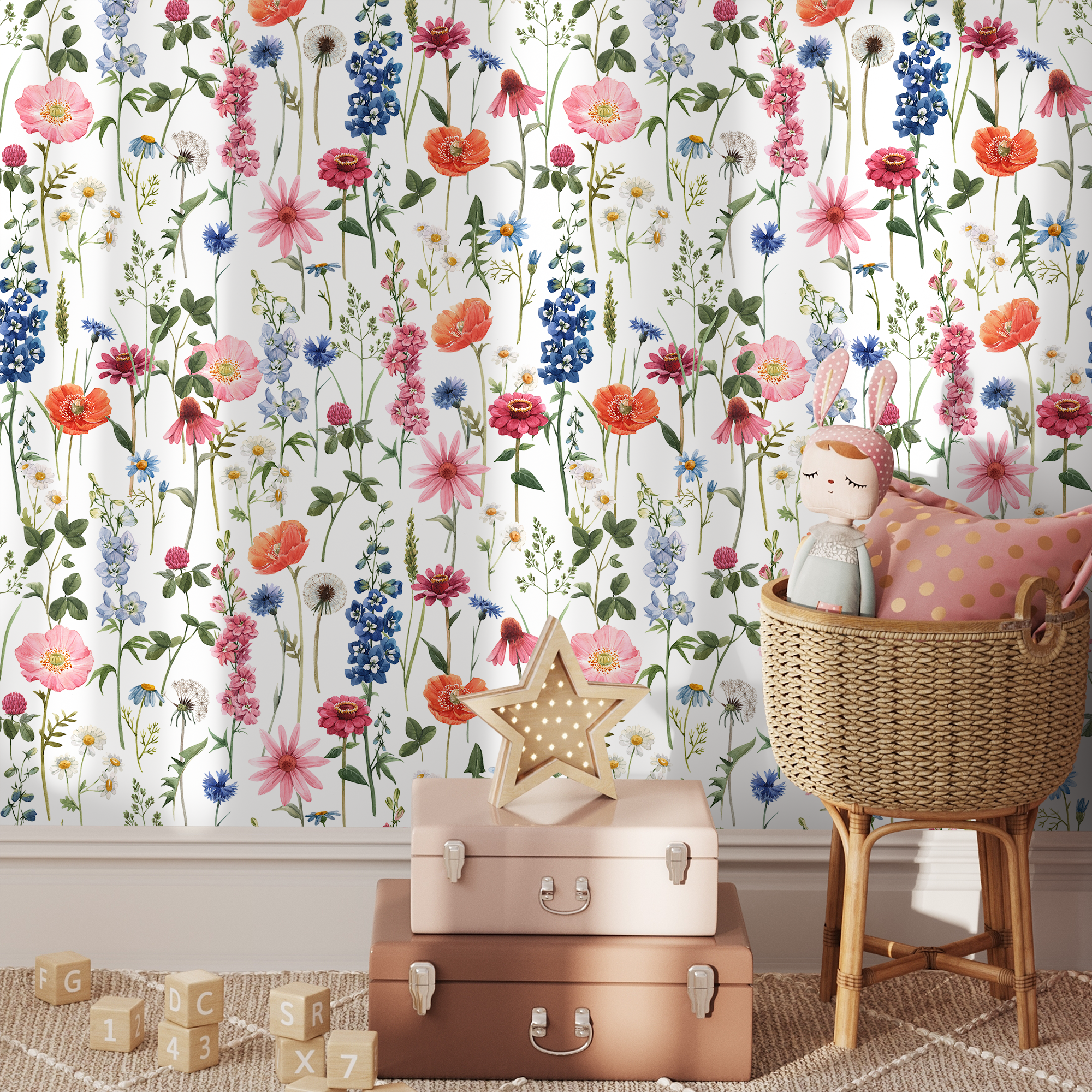 Botanical Wallpaper With A Colorful Wildflower Meadow In Pink, Blue, And Red - C802