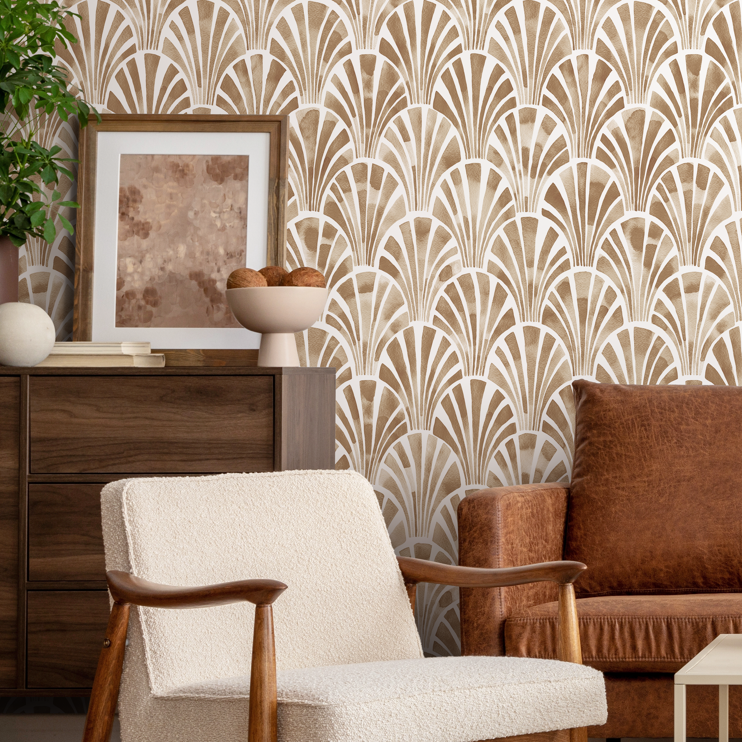 Art Deco Wallpaper With A Watercolor Fan Motif In Brown And White - C806
