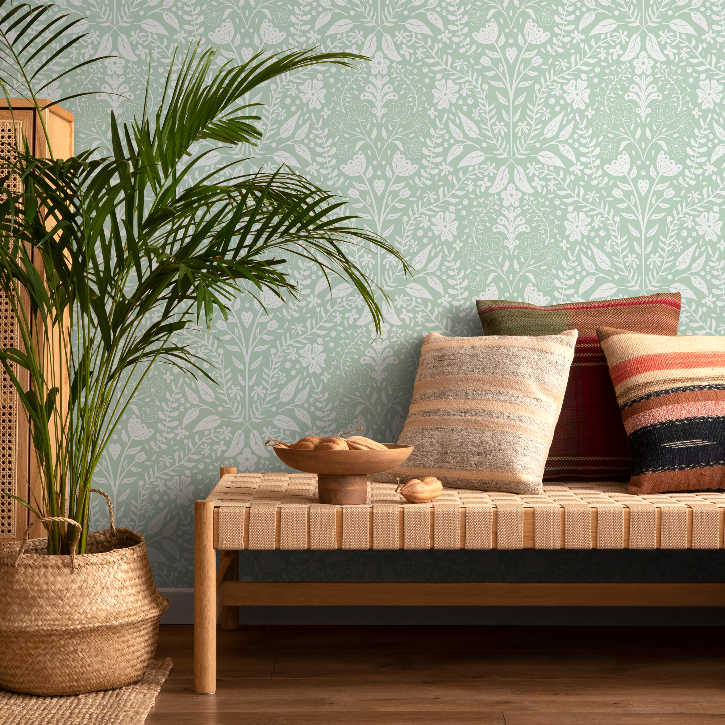 Botanical Wallpaper With A Folk Art Wildflower Motif In Mint Green And White - C808