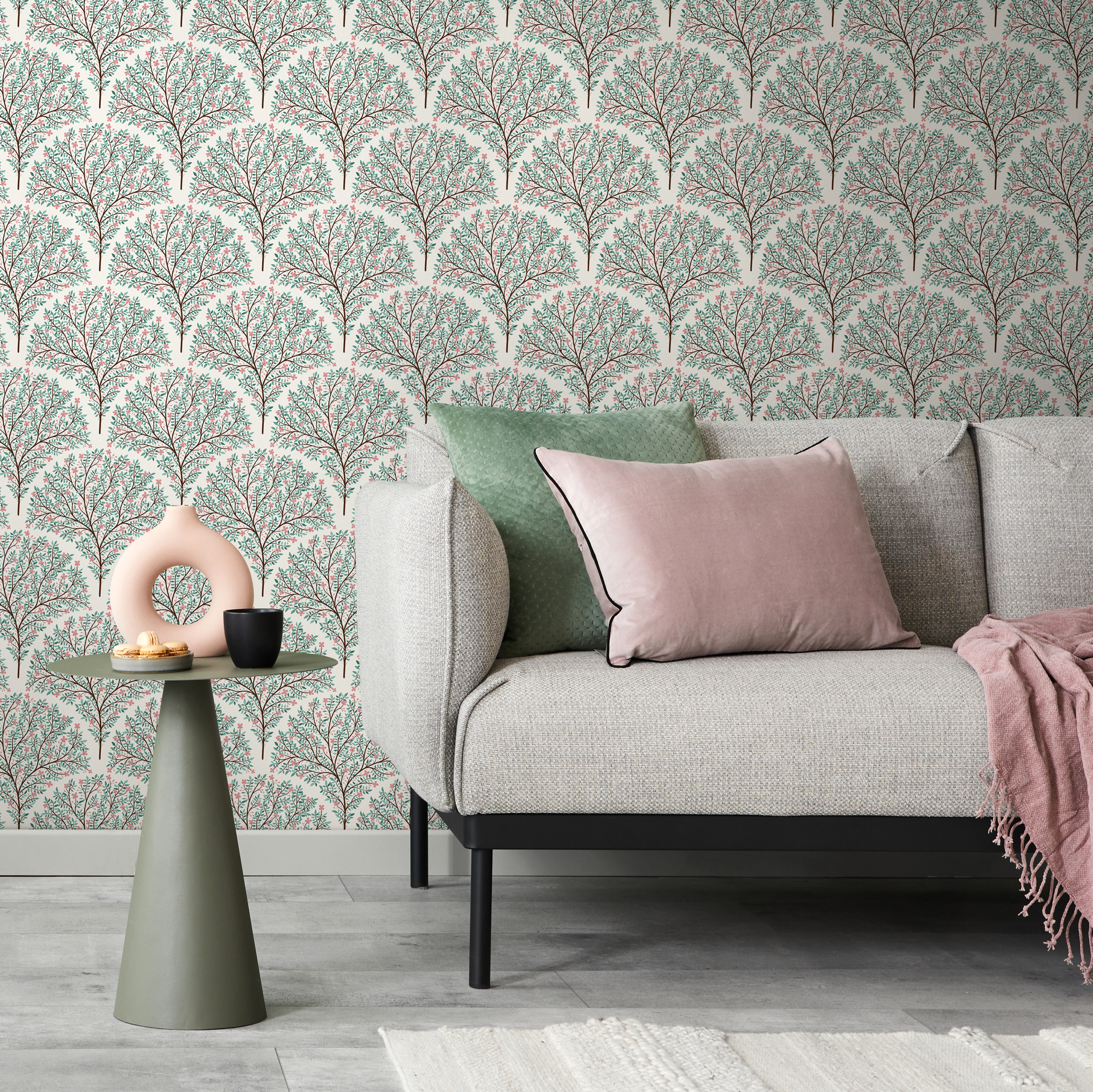 Botanical Wallpaper With A Blossoming Tree Motif In Green, Pink, And Brown - C809