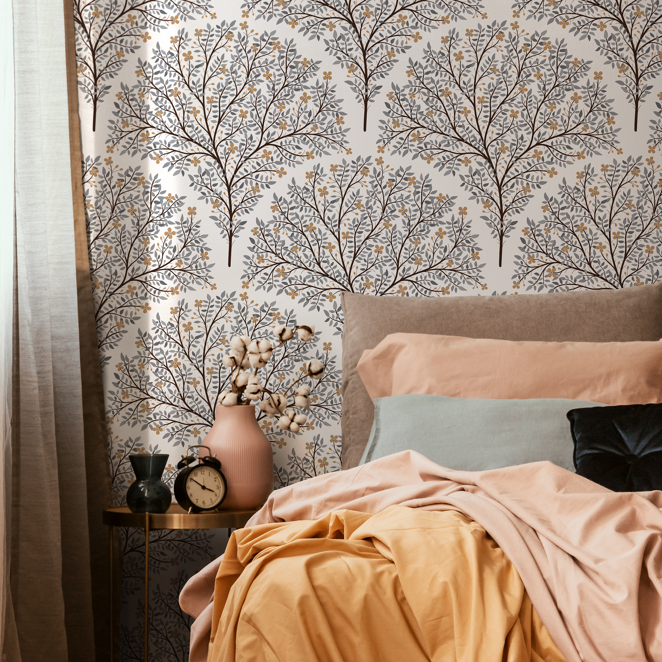 Tree Wallpaper Featuring Stylized Flowering Trees In Brown, Gray, And Yellow - C810