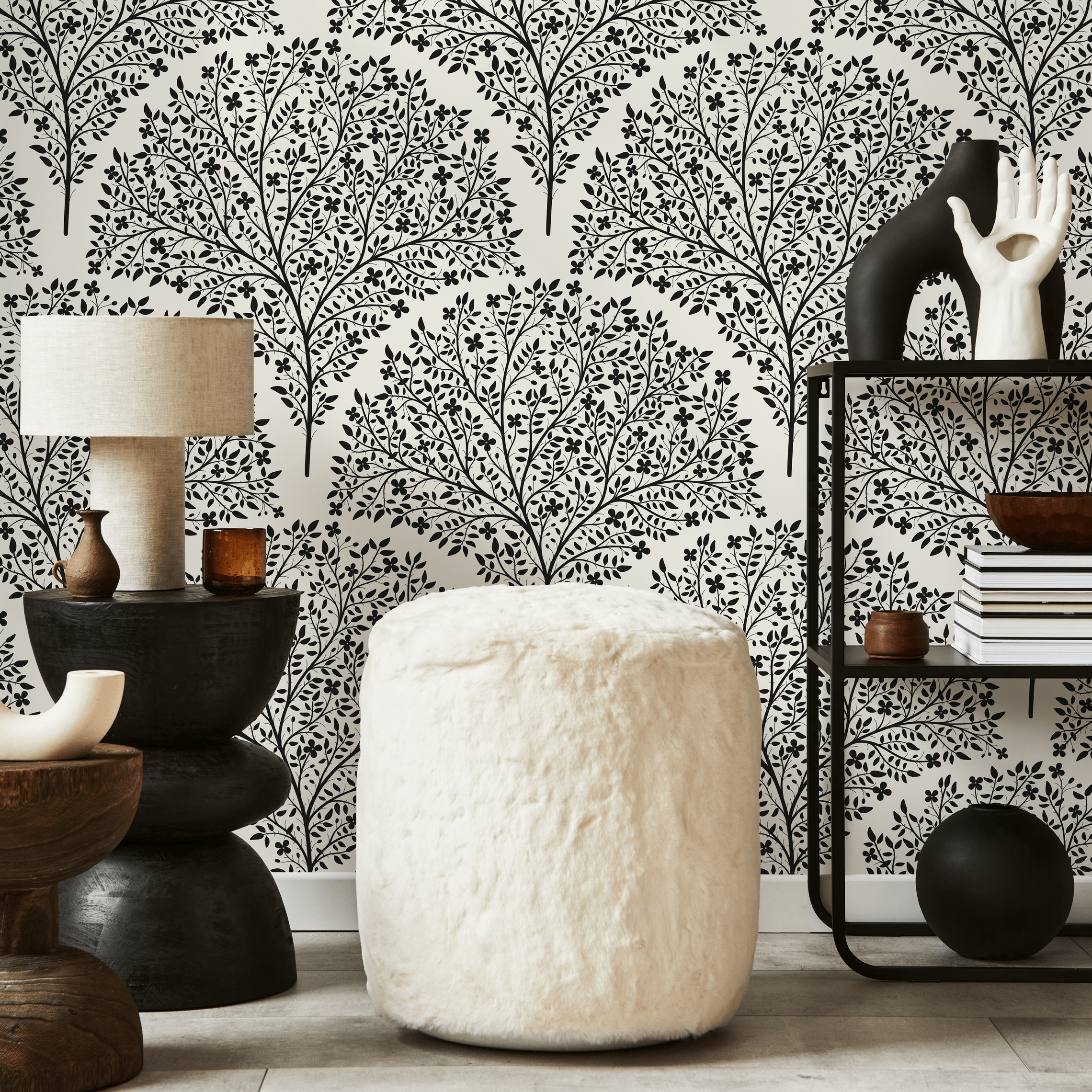Floral Wallpaper With A Stylized Tree Motif In Black And Beige - C813
