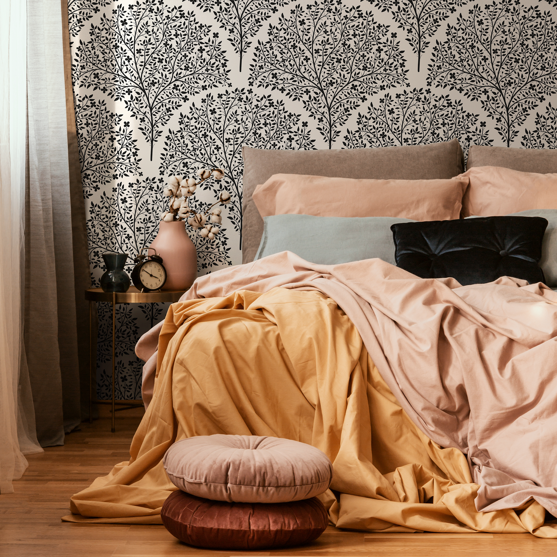 Floral Wallpaper With A Stylized Tree Motif In Black And Beige - C813