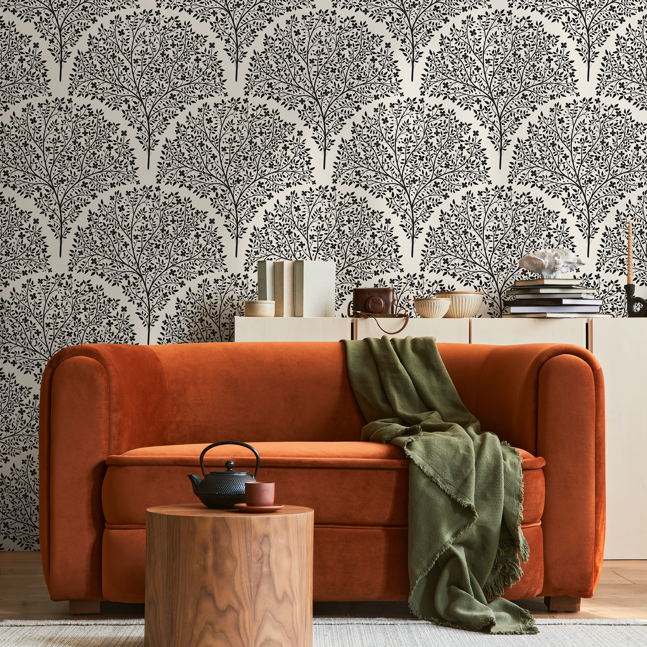 Floral Wallpaper With A Stylized Tree Motif In Black And Beige - C813