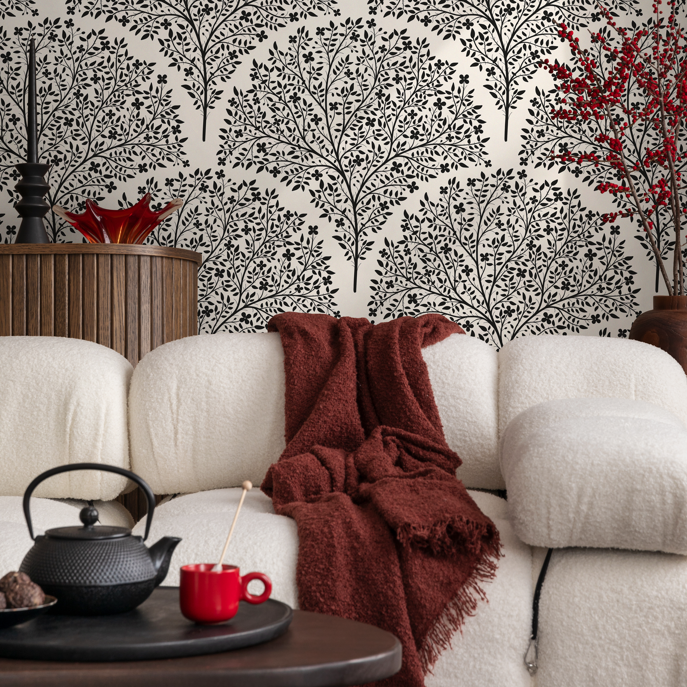 Floral Wallpaper With A Stylized Tree Motif In Black And Beige - C813
