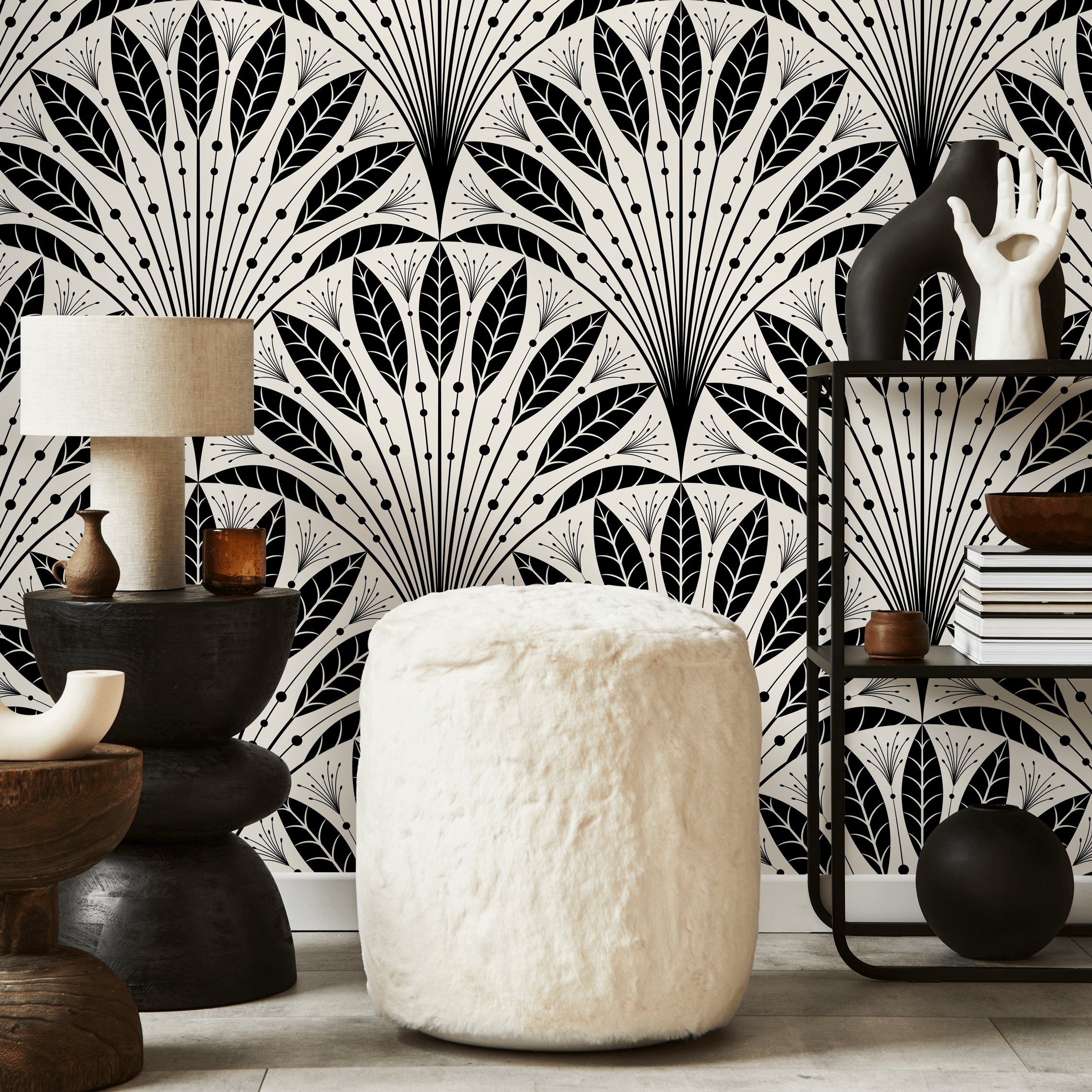 Art Deco Wallpaper With A Fanned Feather Motif In Black And Beige - C814