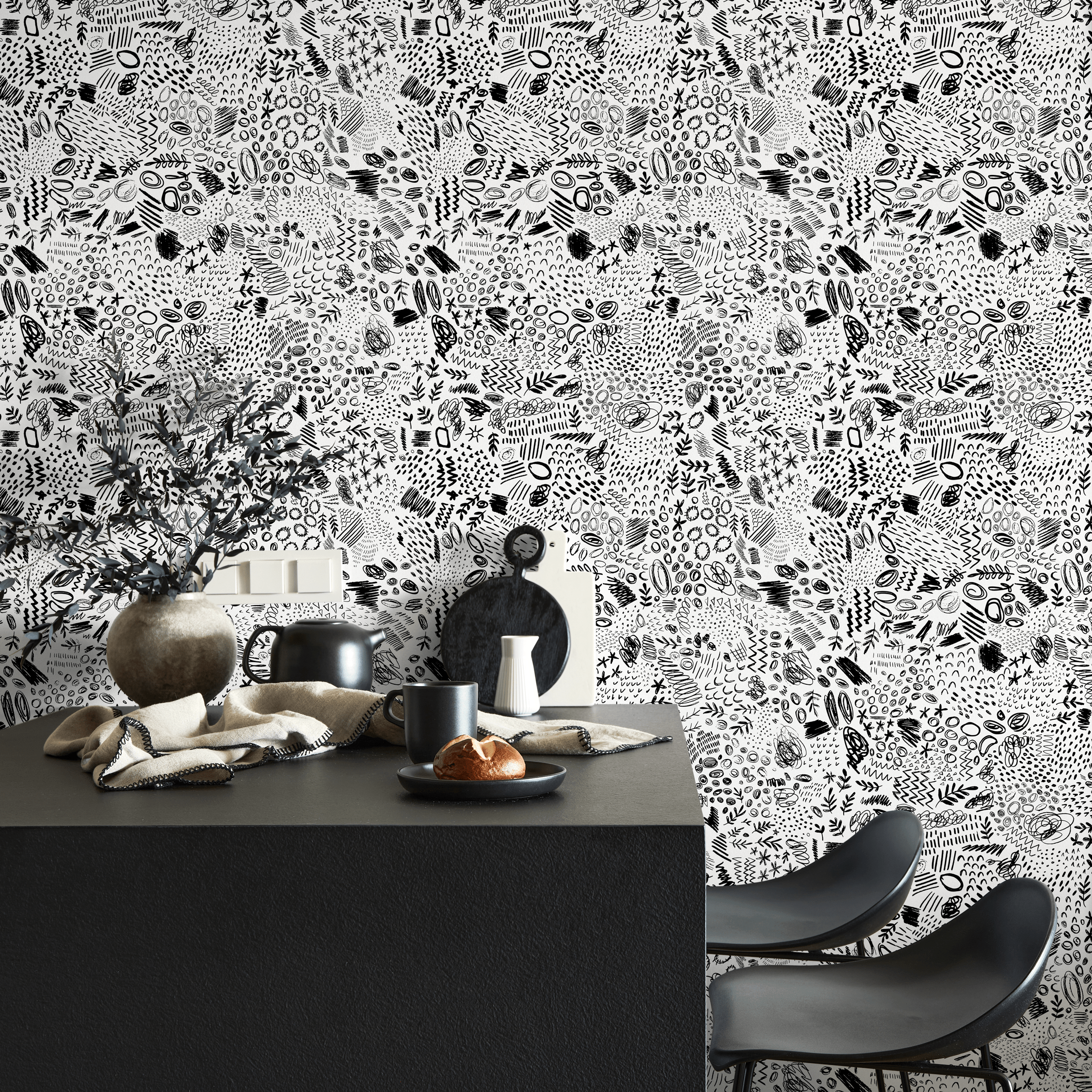Abstract Wallpaper With Artistic Doodles In Black And White - C817