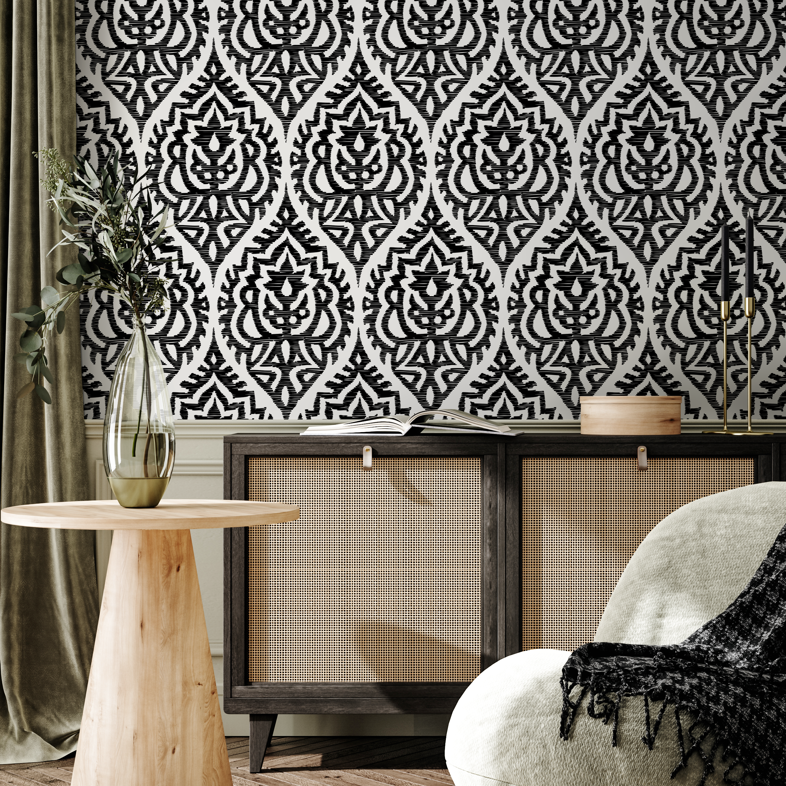 Moroccan Wallpaper With A Bold Ikat Motif In Black And White - C818