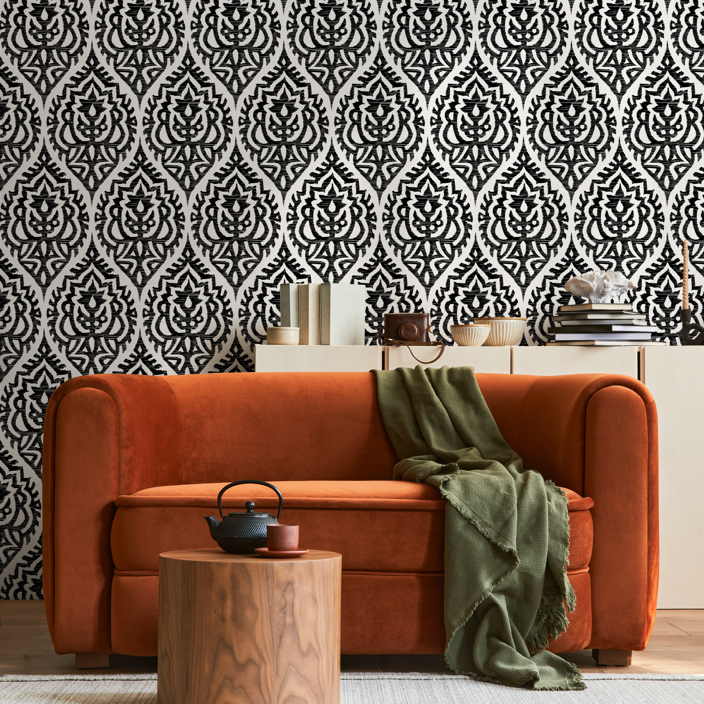 Moroccan Wallpaper With A Bold Ikat Motif In Black And White - C818