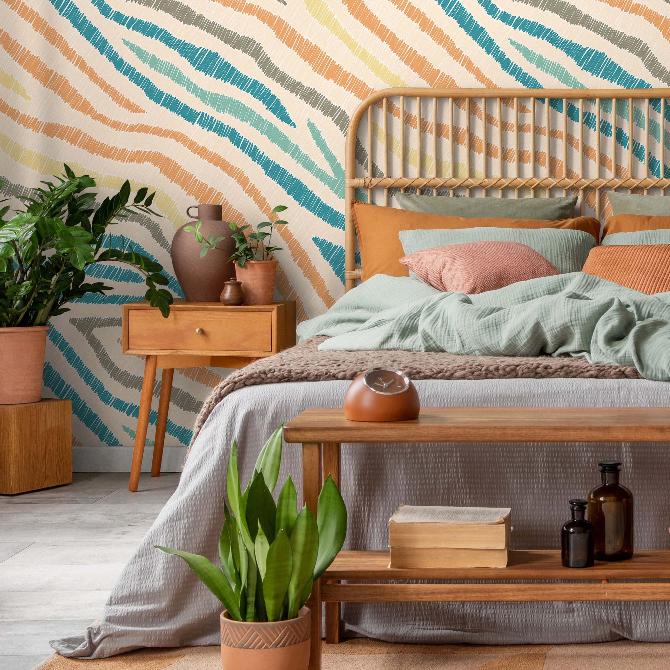 Abstract Wallpaper With Scribbled Wavy Lines In Blue, Orange, And Yellow - C819