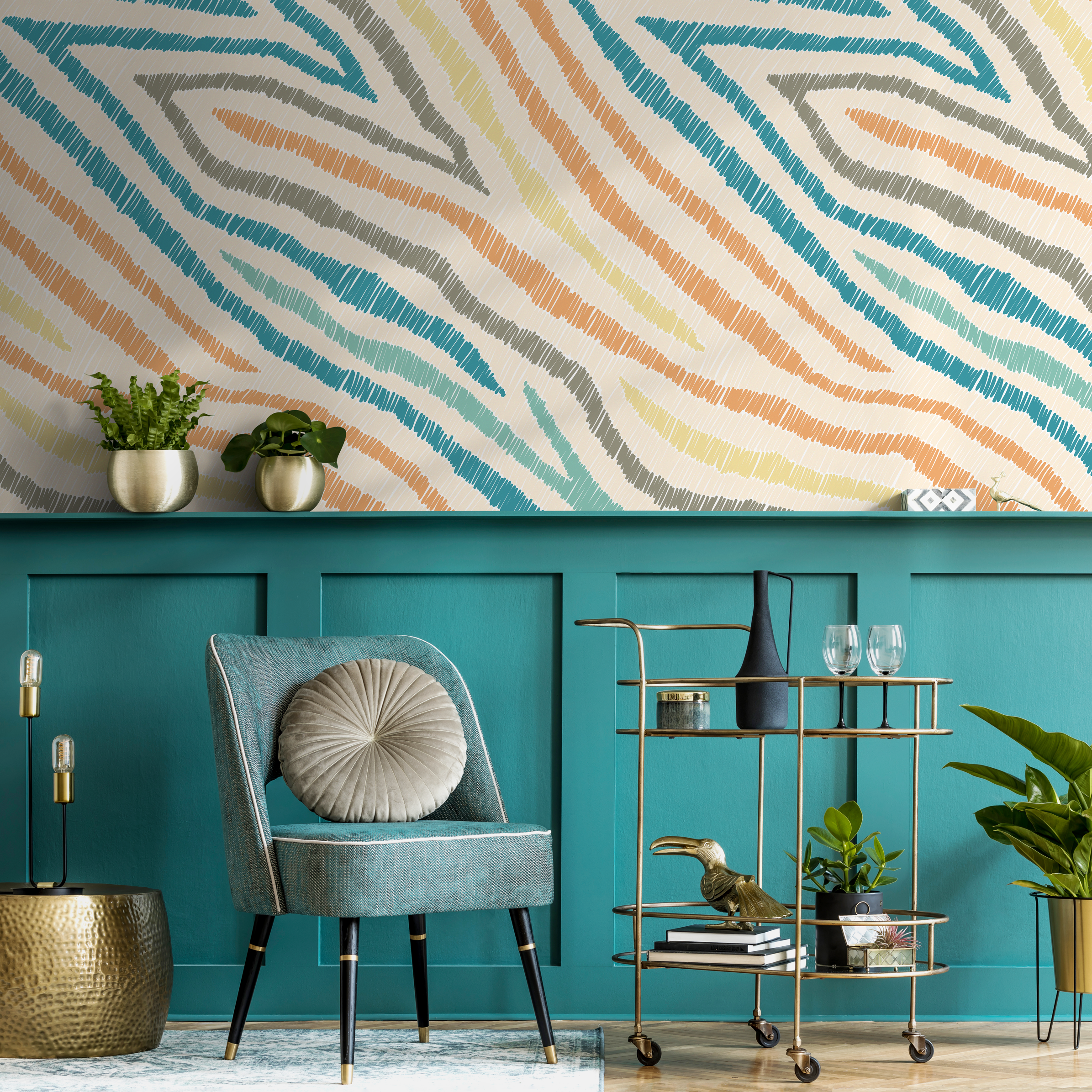 Abstract Wallpaper With Scribbled Wavy Lines In Blue, Orange, And Yellow - C819