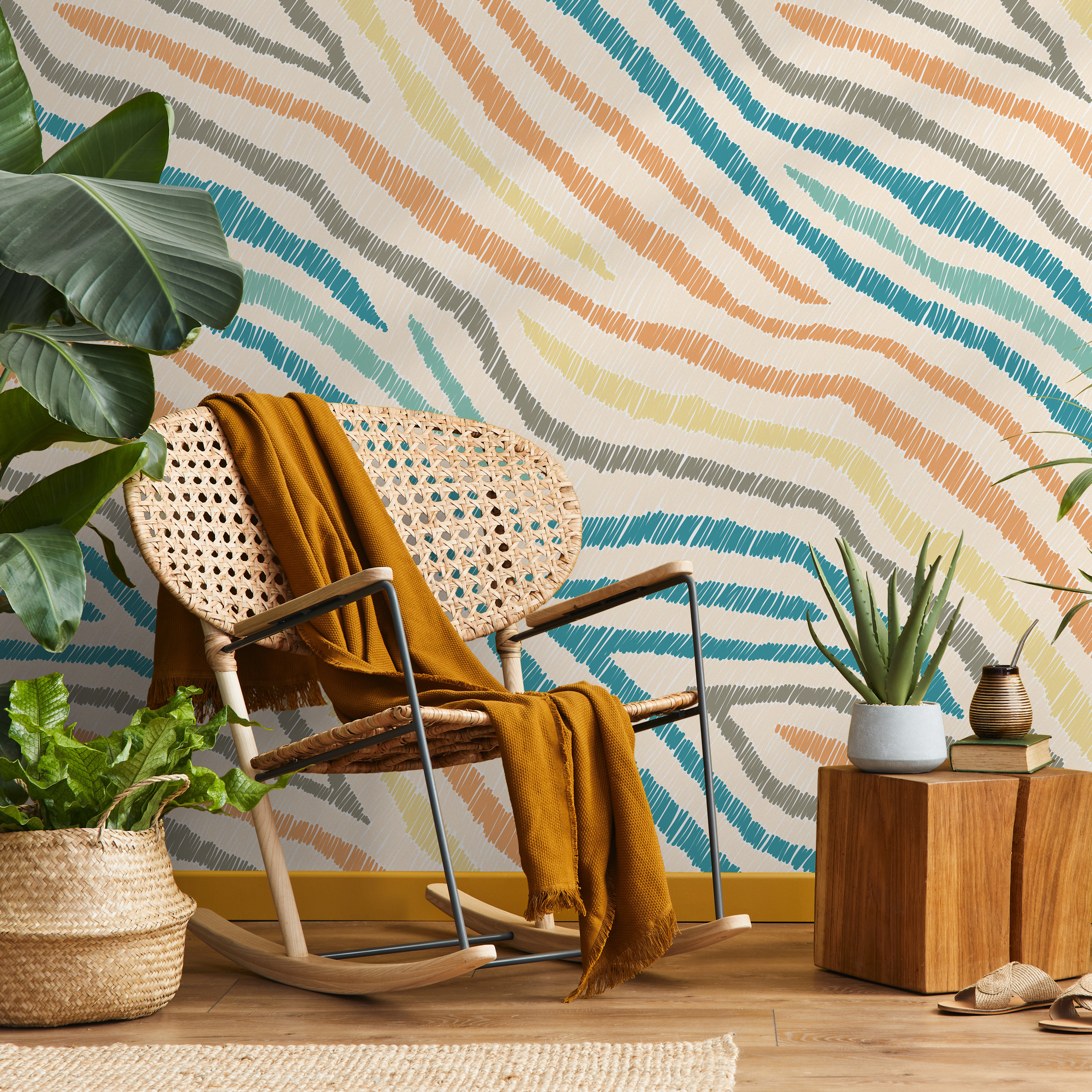 Abstract Wallpaper With Scribbled Wavy Lines In Blue, Orange, And Yellow - C819