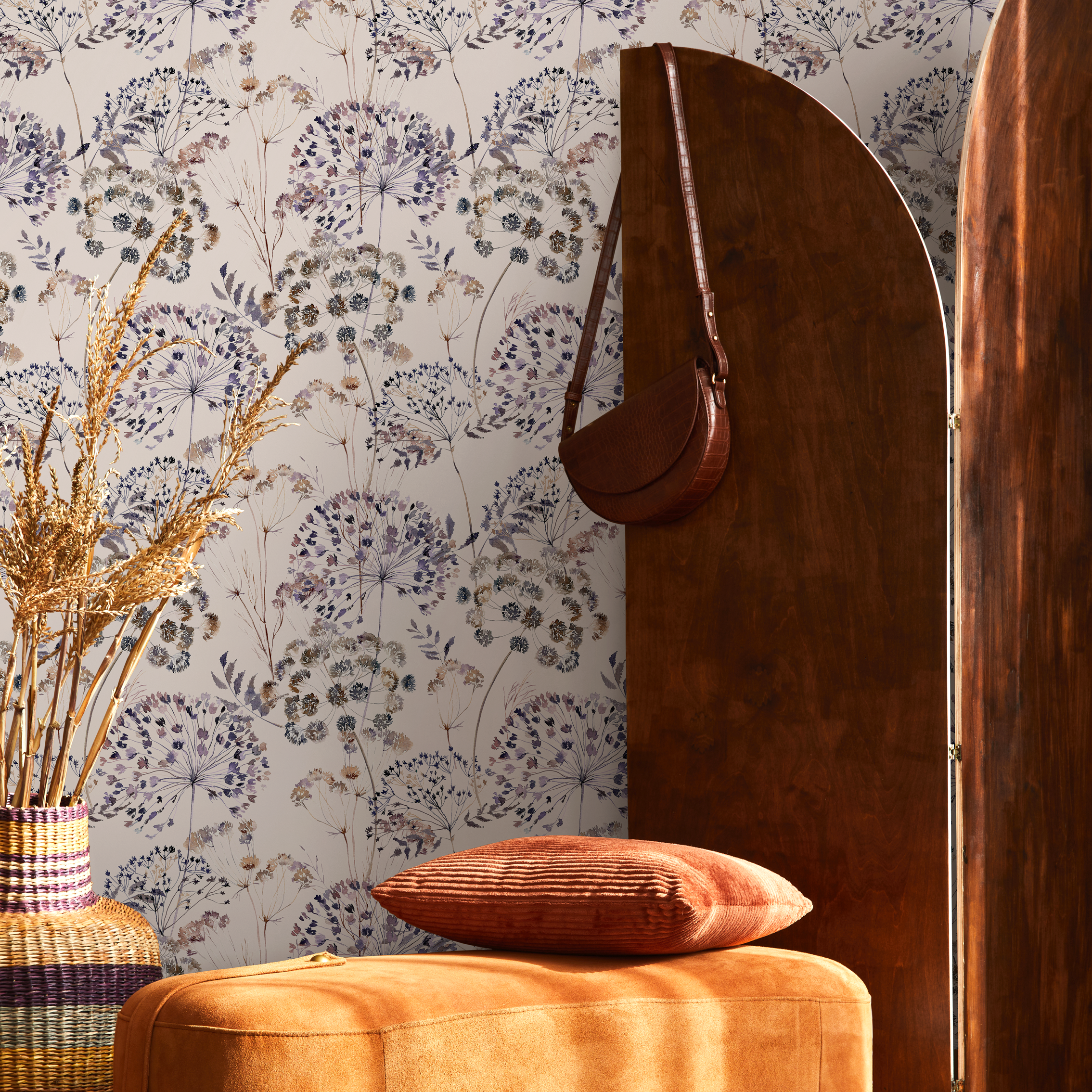 Floral Wallpaper Featuring Dandelion And Wildflower Motifs In Purple And Brown - C820
