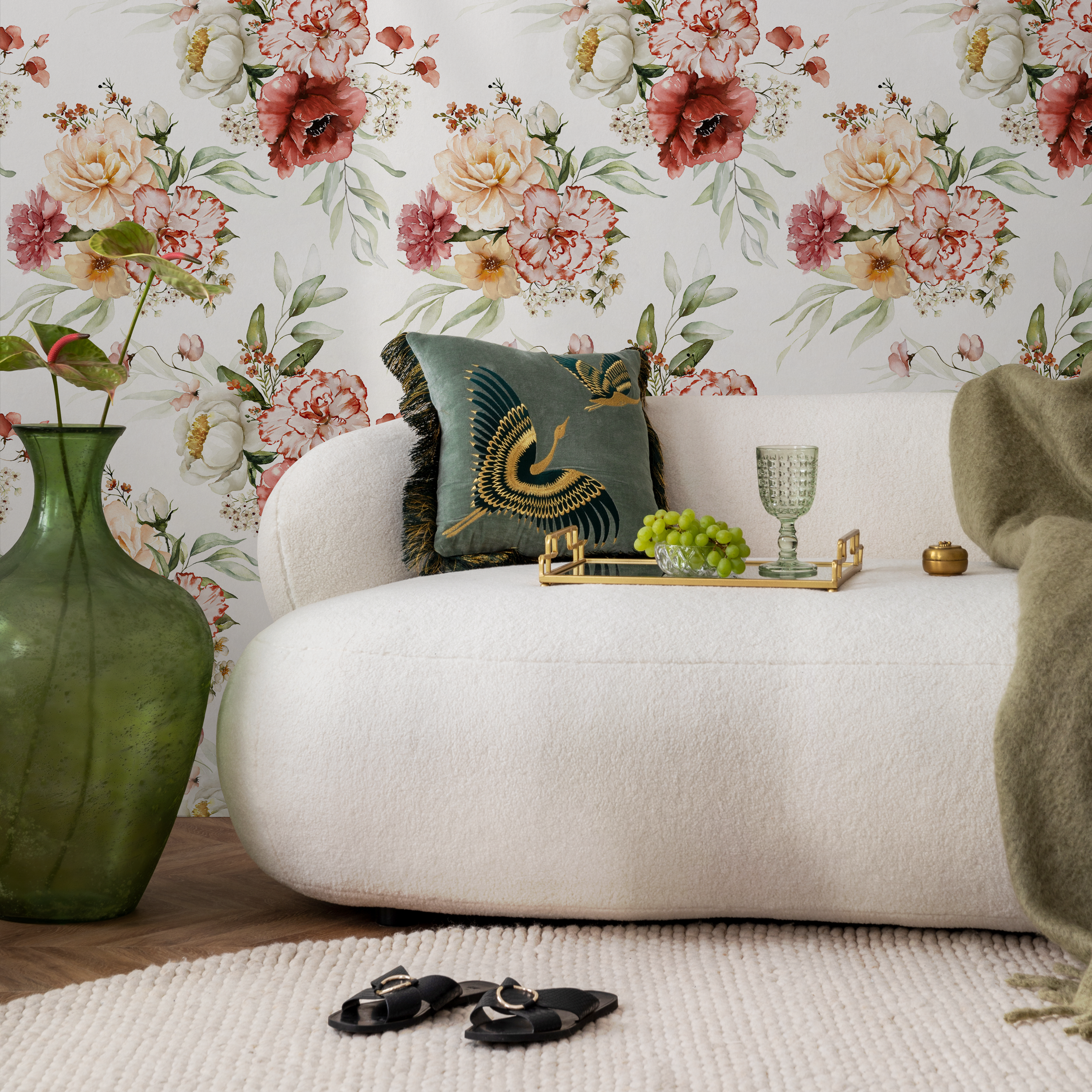 Floral Wallpaper Featuring Watercolor Peonies In Red, Pink, And Green - C823