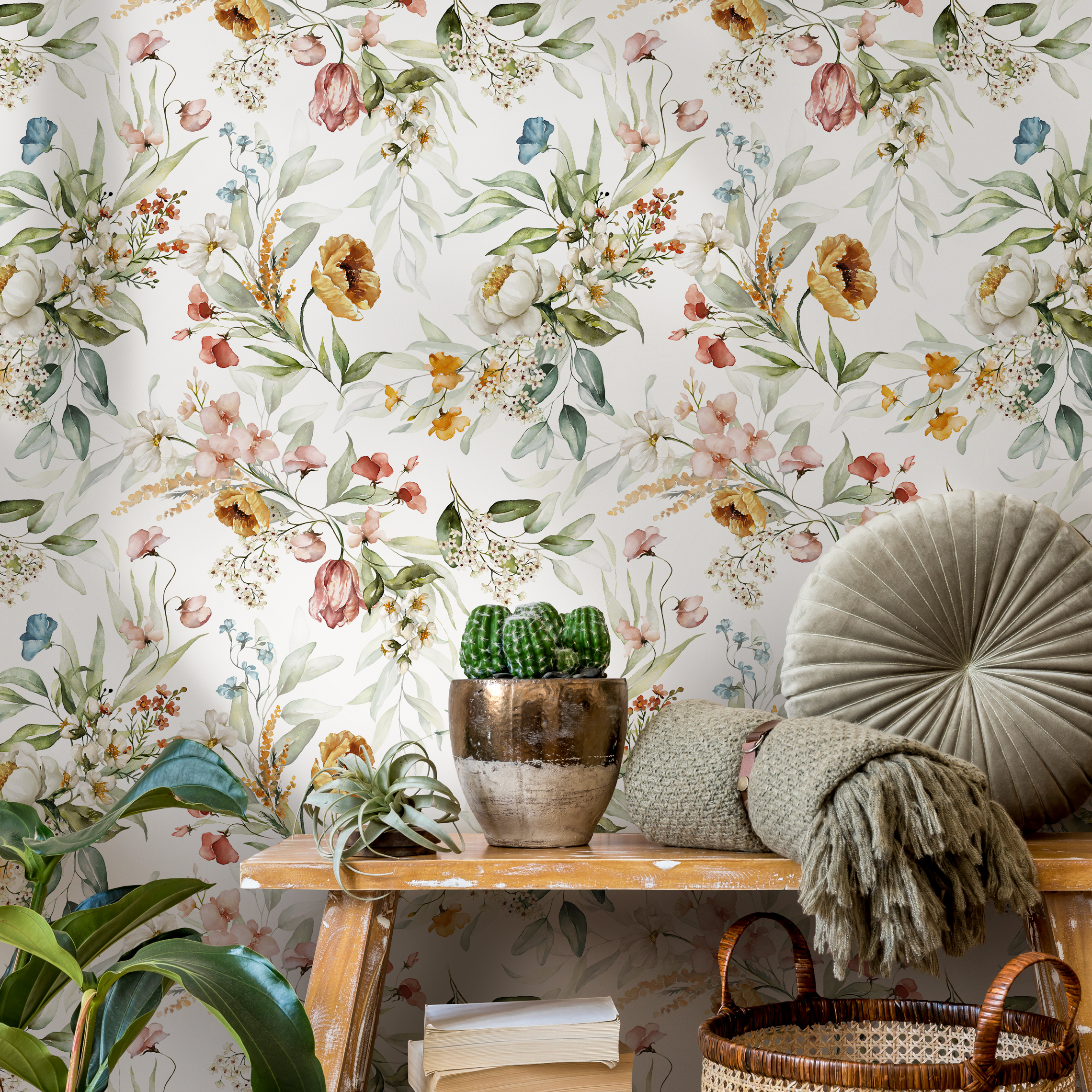 Wildflower Wallpaper With A Watercolor Garden Motif In Pink, Yellow, And Blue - C826