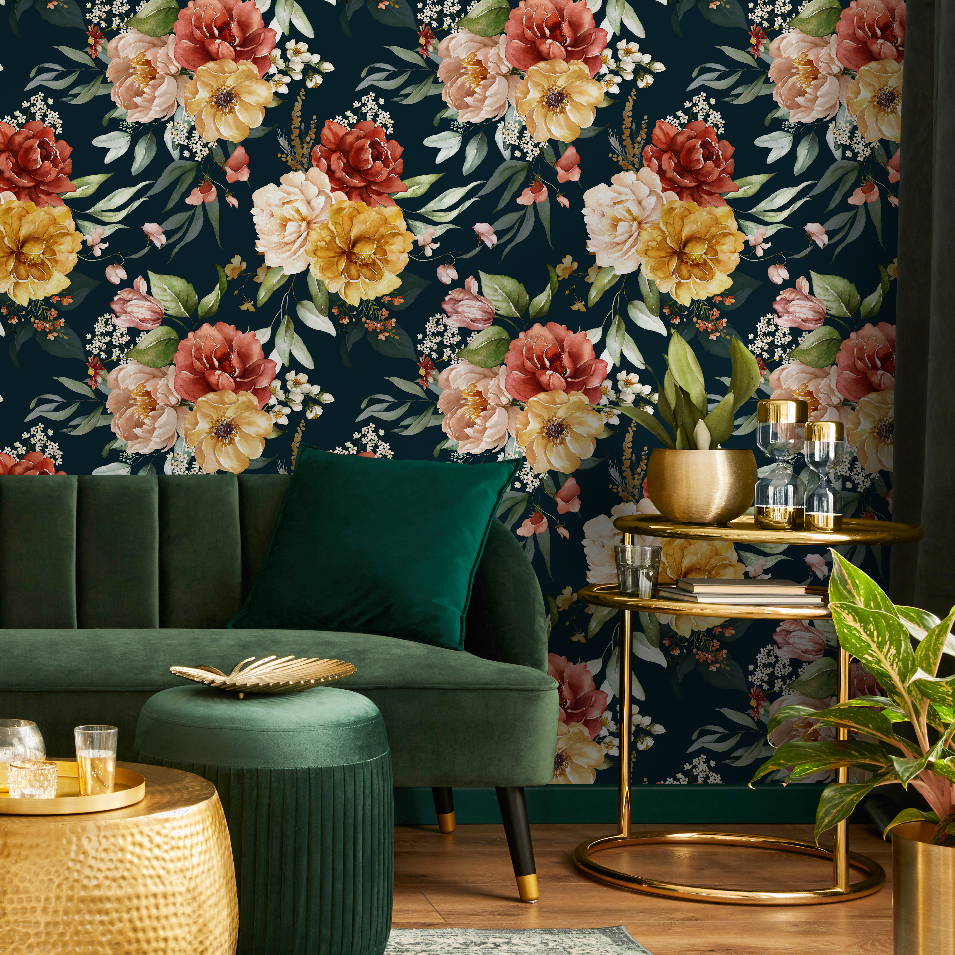 Floral Wallpaper With A Vintage Garden Motif In Yellow, Red, And Pink - C827