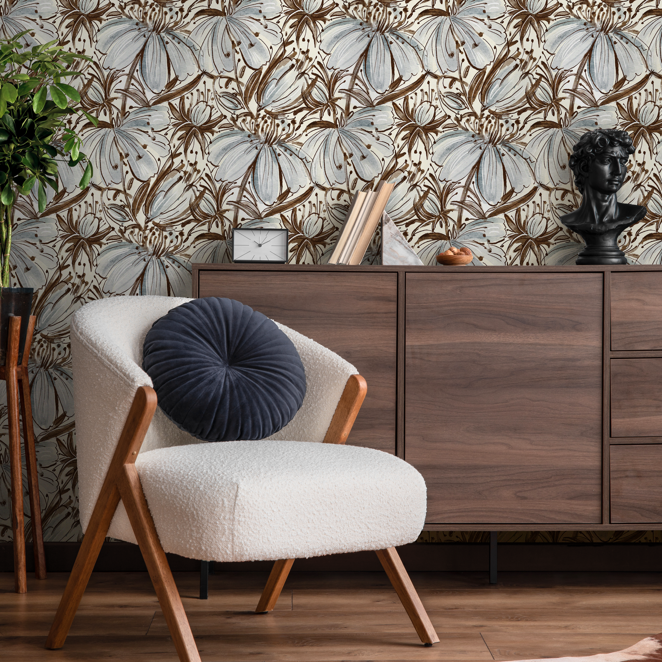 Floral Wallpaper With A Hand-drawn Lily Motif In Brown And Blue - C831