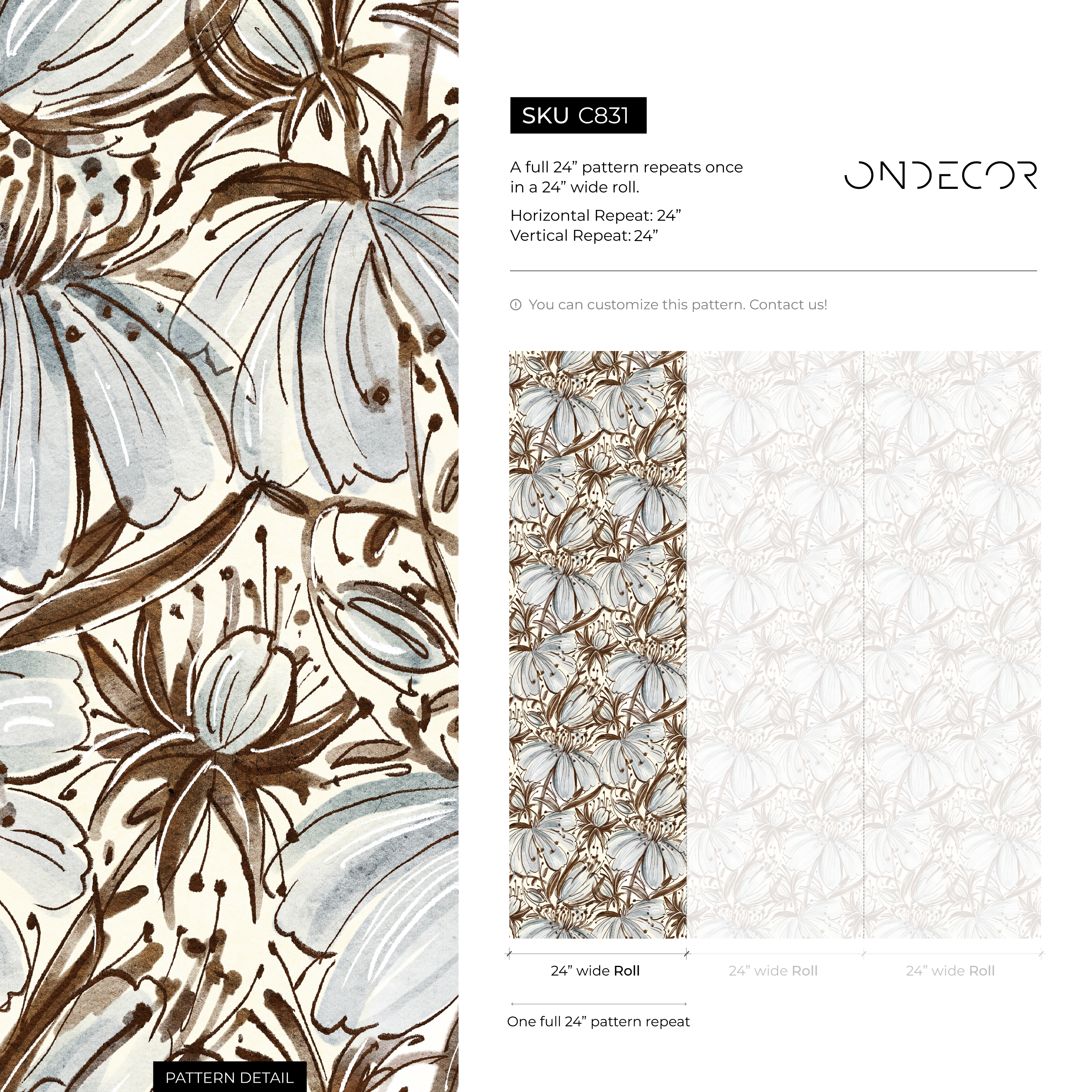 Floral Wallpaper With A Hand-drawn Lily Motif In Brown And Blue - C831