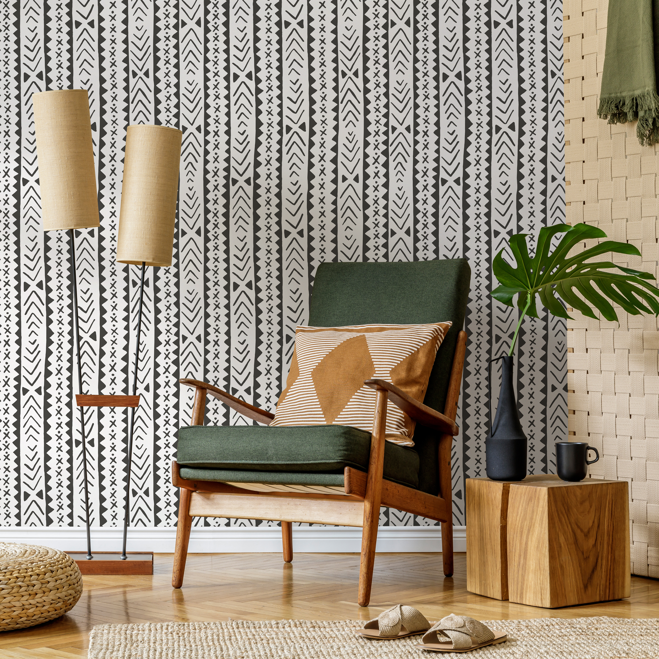 Tribal Wallpaper Featuring Vertical Geometric Motifs In Black And White - C833