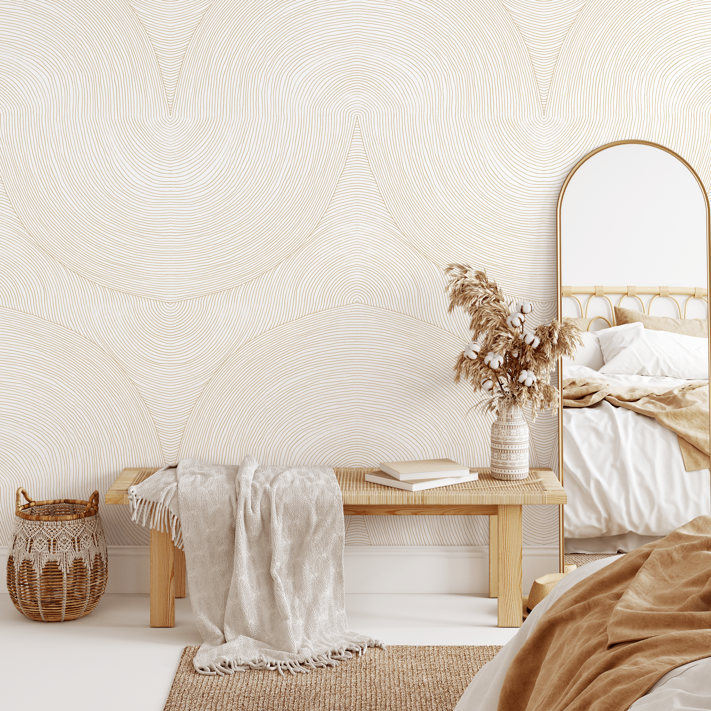 Abstract Wallpaper With Concentric Line Art In Gold And Cream - C835