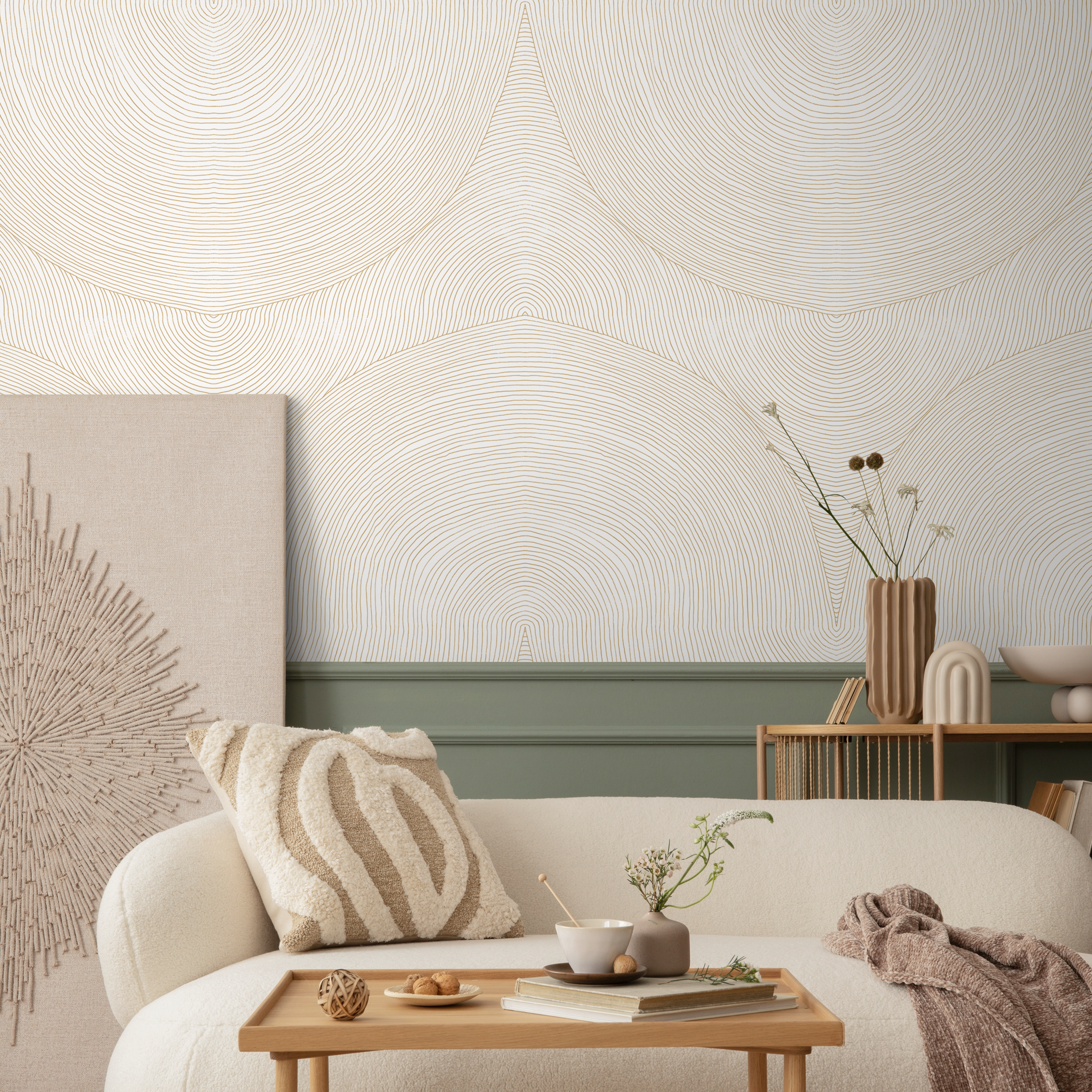Abstract Wallpaper With Concentric Line Art In Gold And Cream - C835