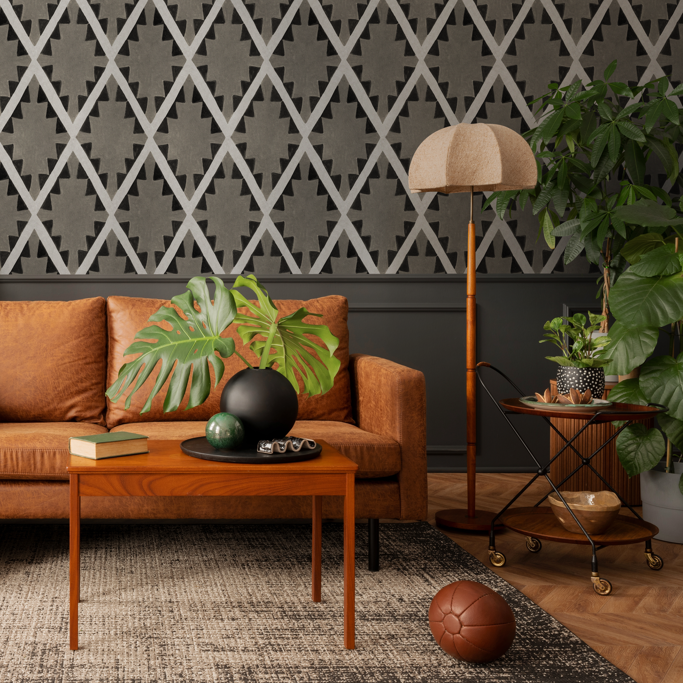 Boho Wallpaper With A Tribal Diamond Pattern In Black And Grey - C836