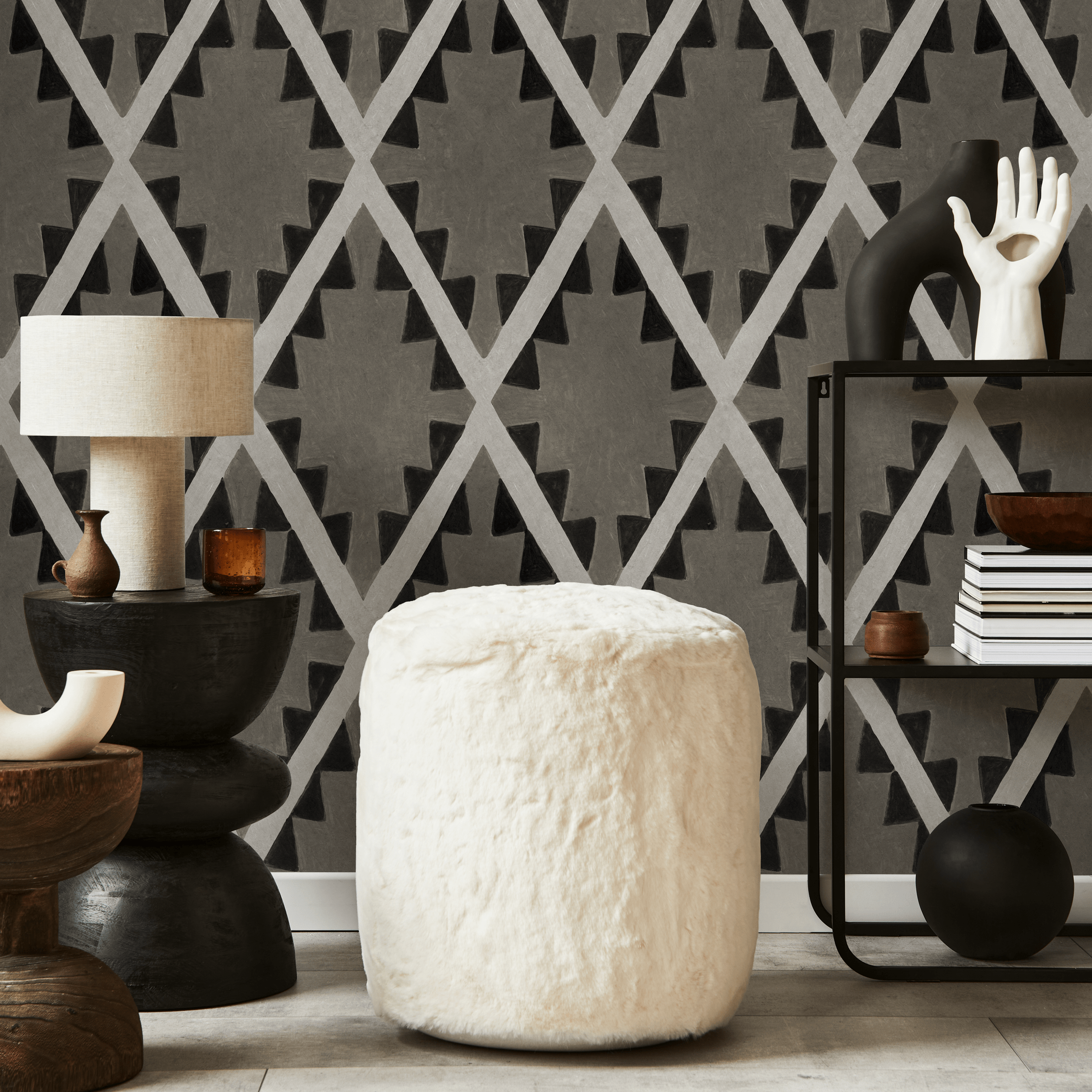 Boho Wallpaper With A Tribal Diamond Pattern In Black And Grey - C836