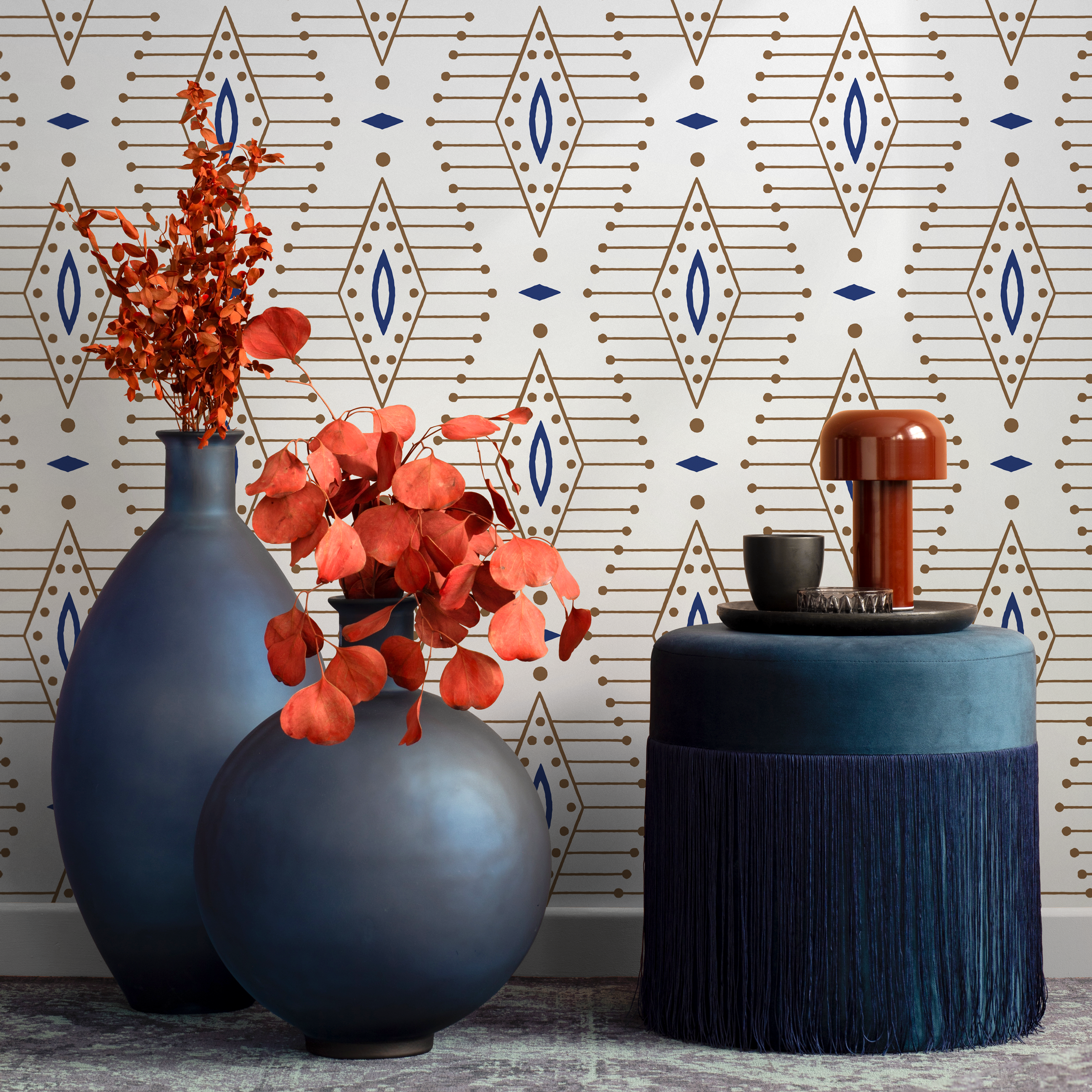 Geometric Wallpaper With A Diamond Lattice Motif In Blue And Brown - C837