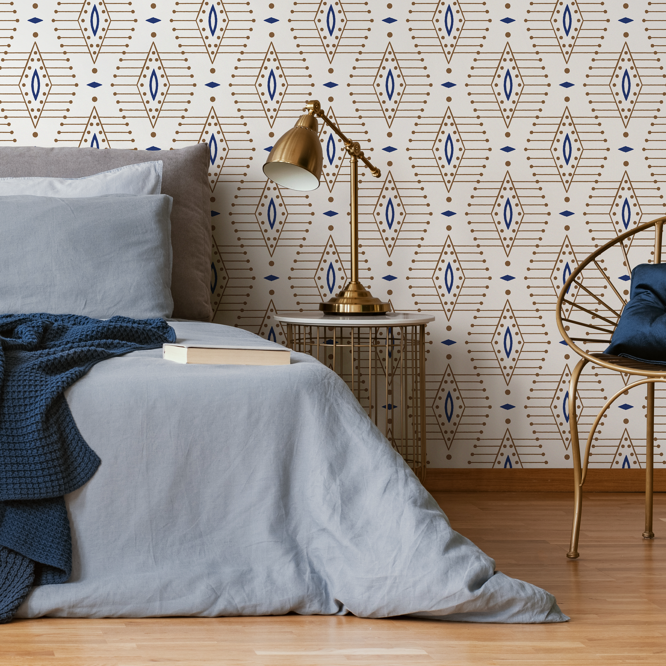 Geometric Wallpaper With A Diamond Lattice Motif In Blue And Brown - C837