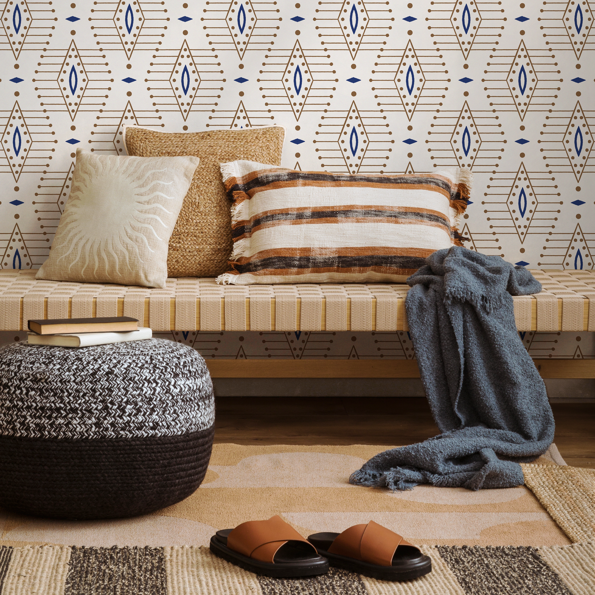 Geometric Wallpaper With A Diamond Lattice Motif In Blue And Brown - C837