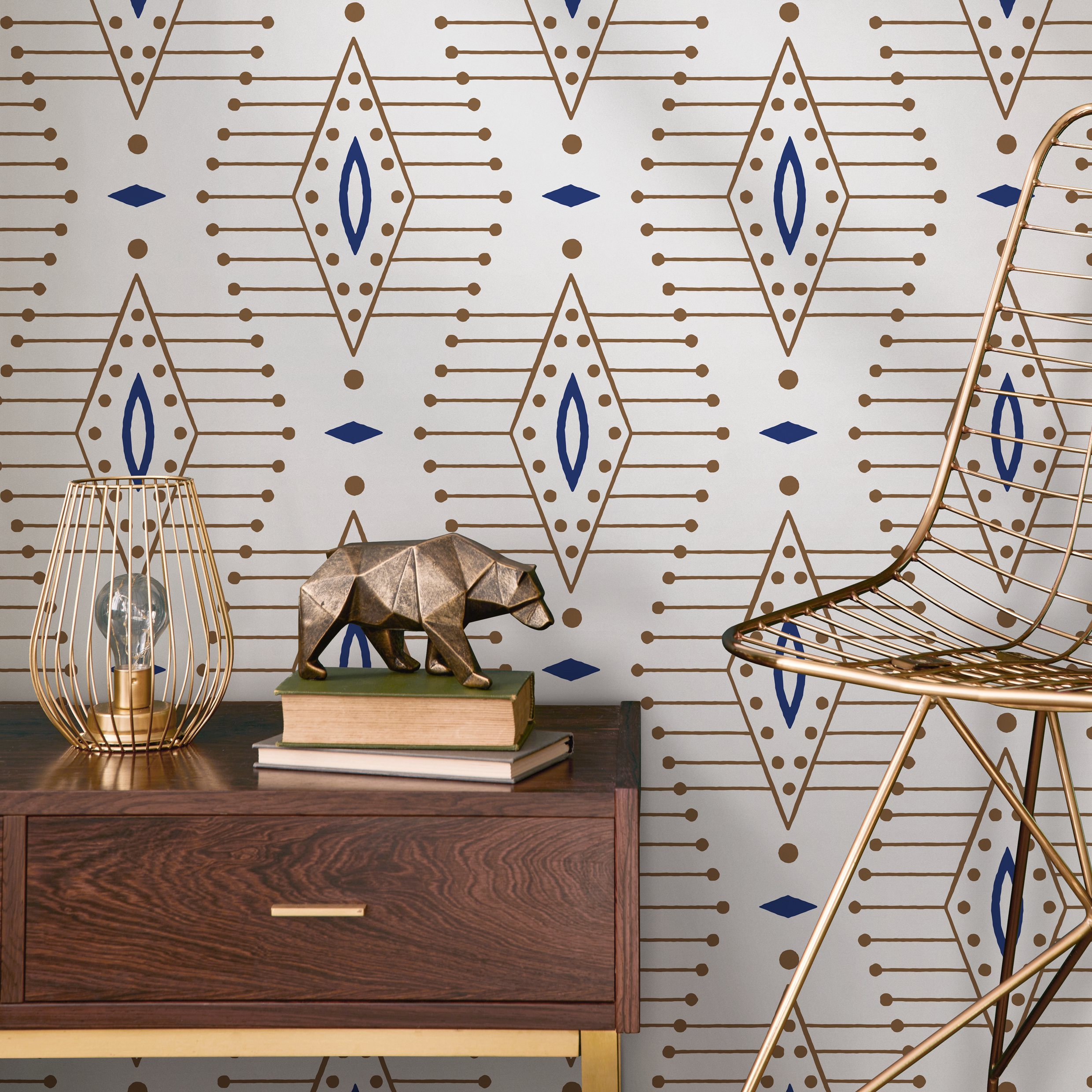 Geometric Wallpaper With A Diamond Lattice Motif In Blue And Brown - C837