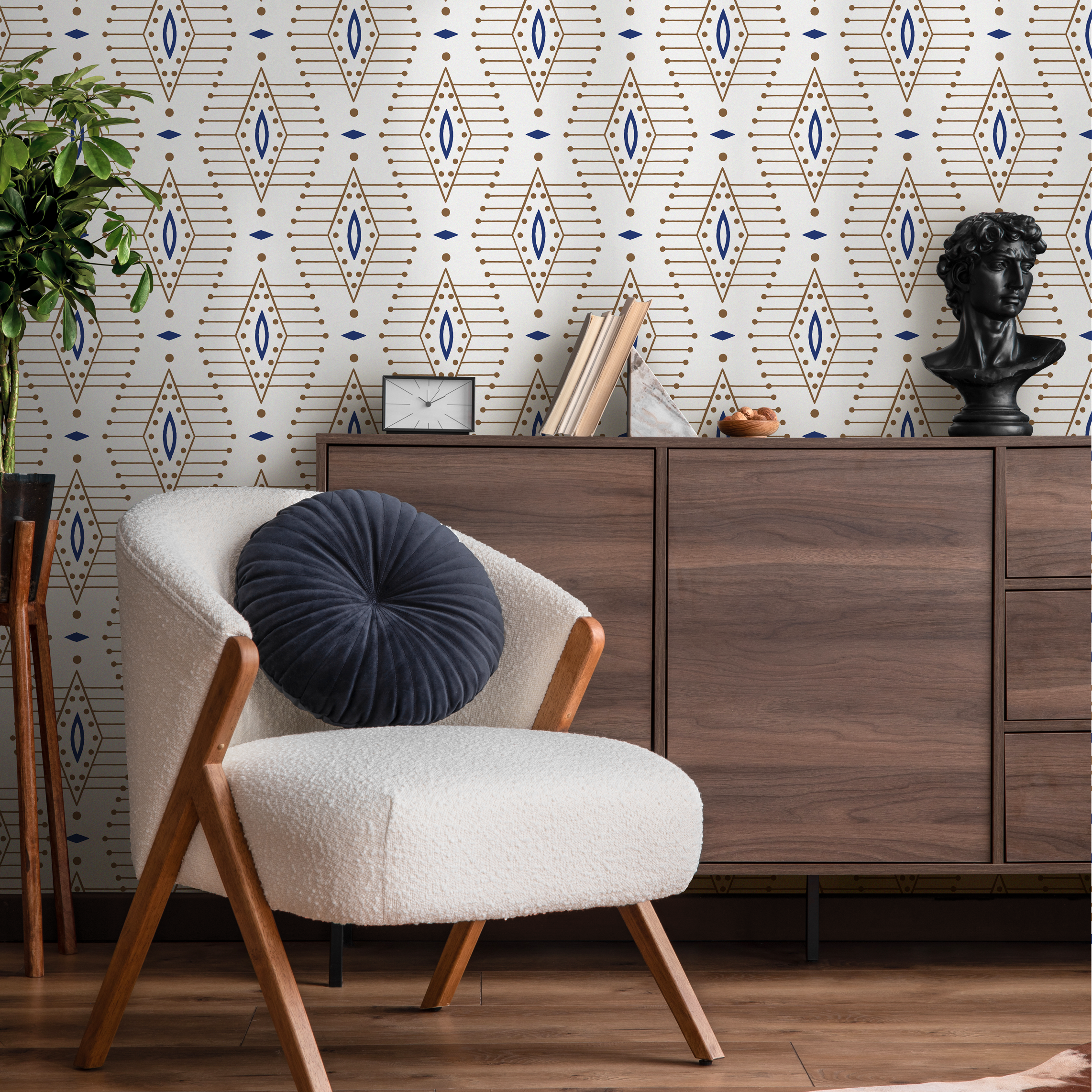 Geometric Wallpaper With A Diamond Lattice Motif In Blue And Brown - C837