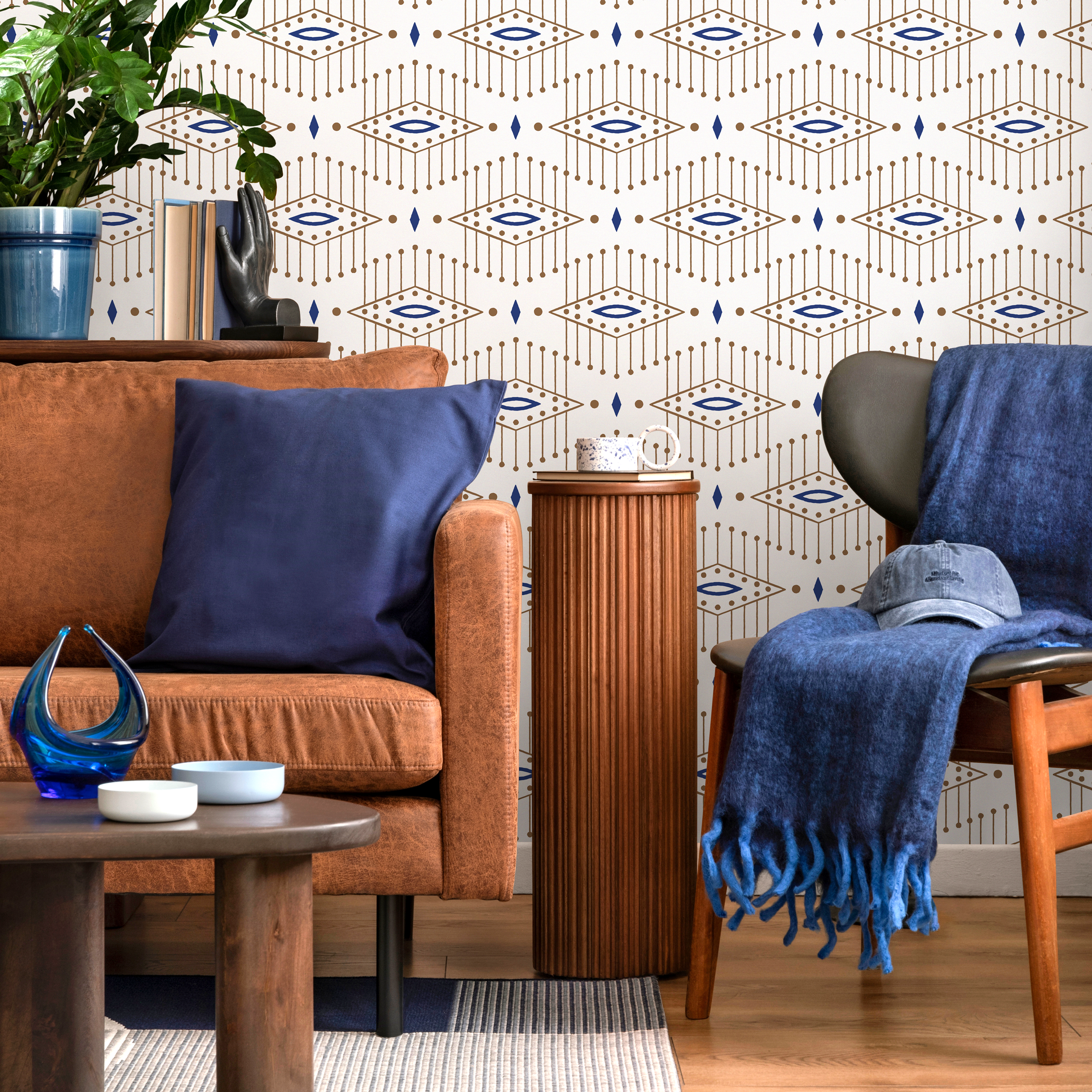 Ethnic Wallpaper With A Geometric Diamond Motif In Blue And Brown - C838