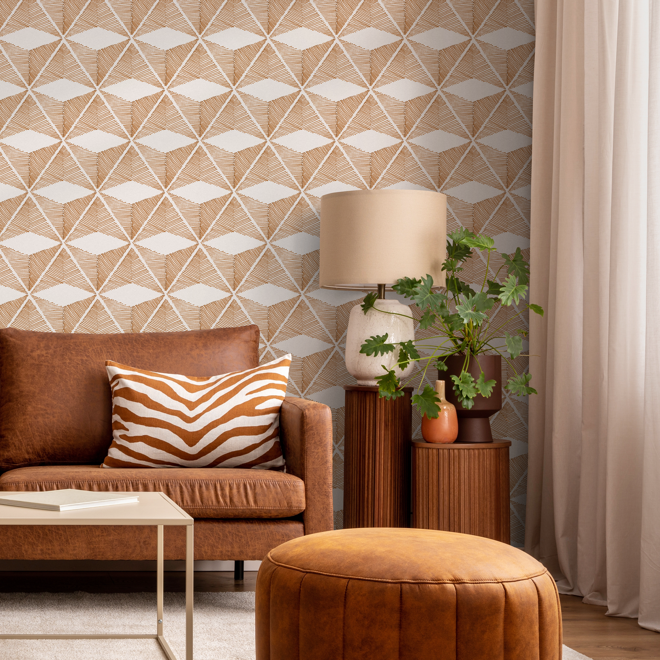 Geometric Wallpaper With A Hand-drawn Block Motif In Brown - C840