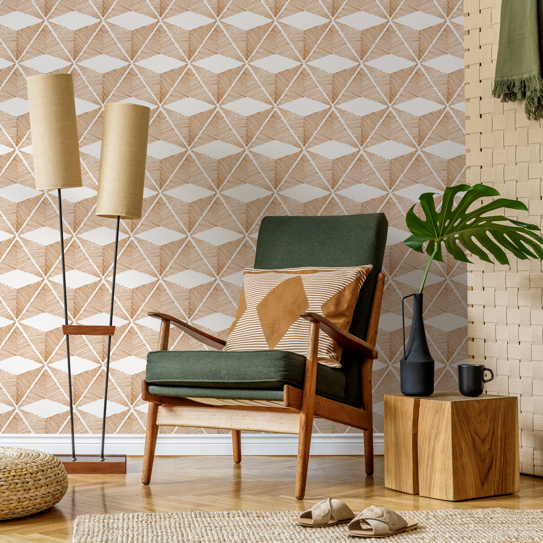 Geometric Wallpaper With A Hand-drawn Block Motif In Brown - C840